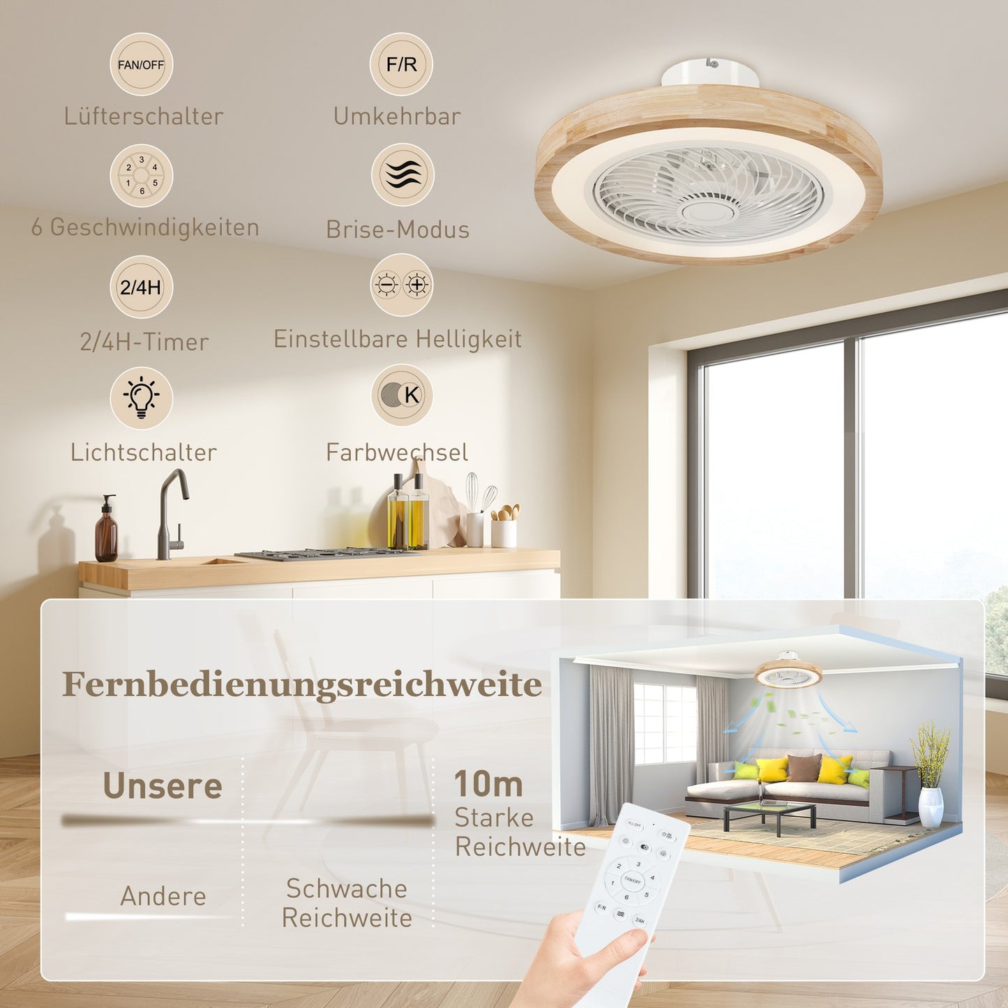 Ceiling fan light with remote control, dimmable LED, RGB 6 speed