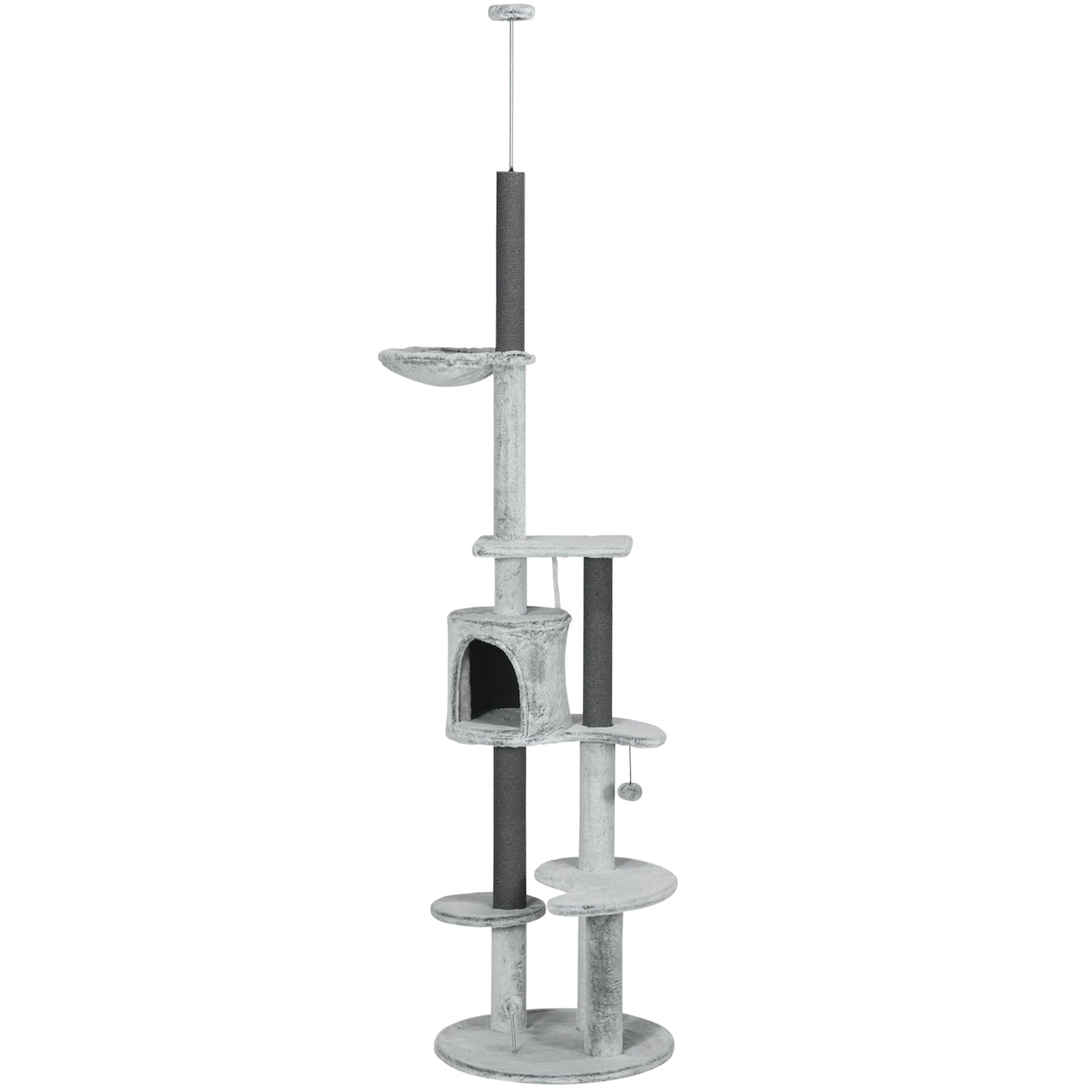 Adjustable cat scratching post with cave and play ball