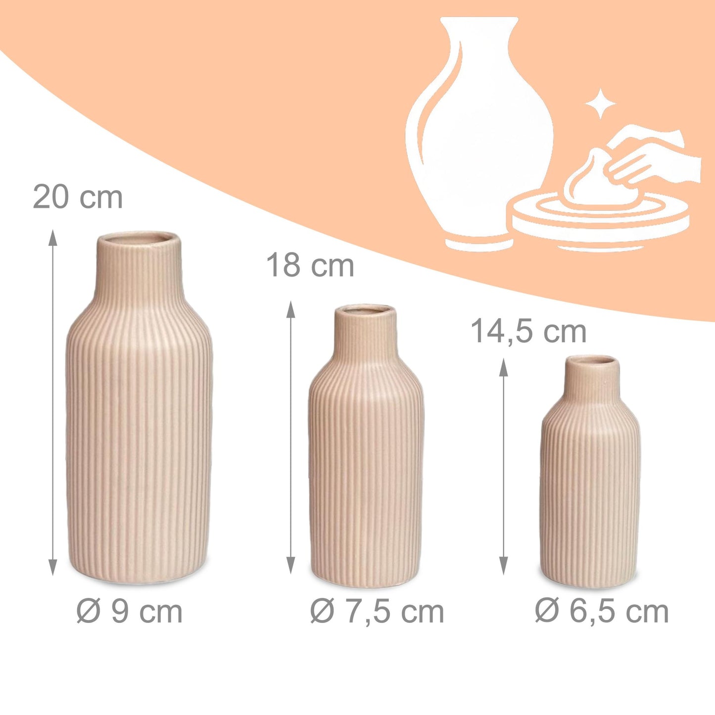 Ceramic Vase Set, 3 Sizes, Ribbed Texture