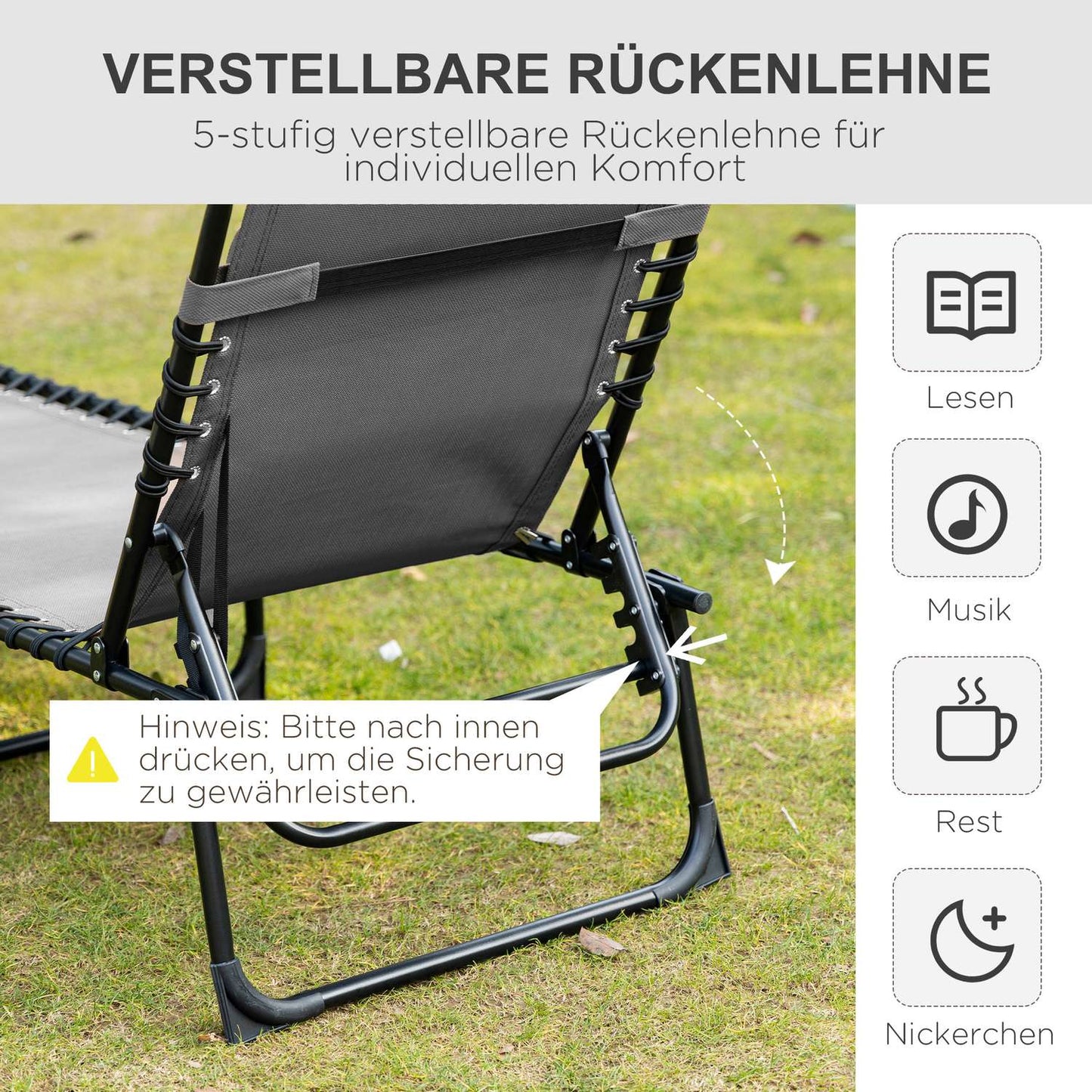 Adjustable chaise longue - folding sun lounger, black