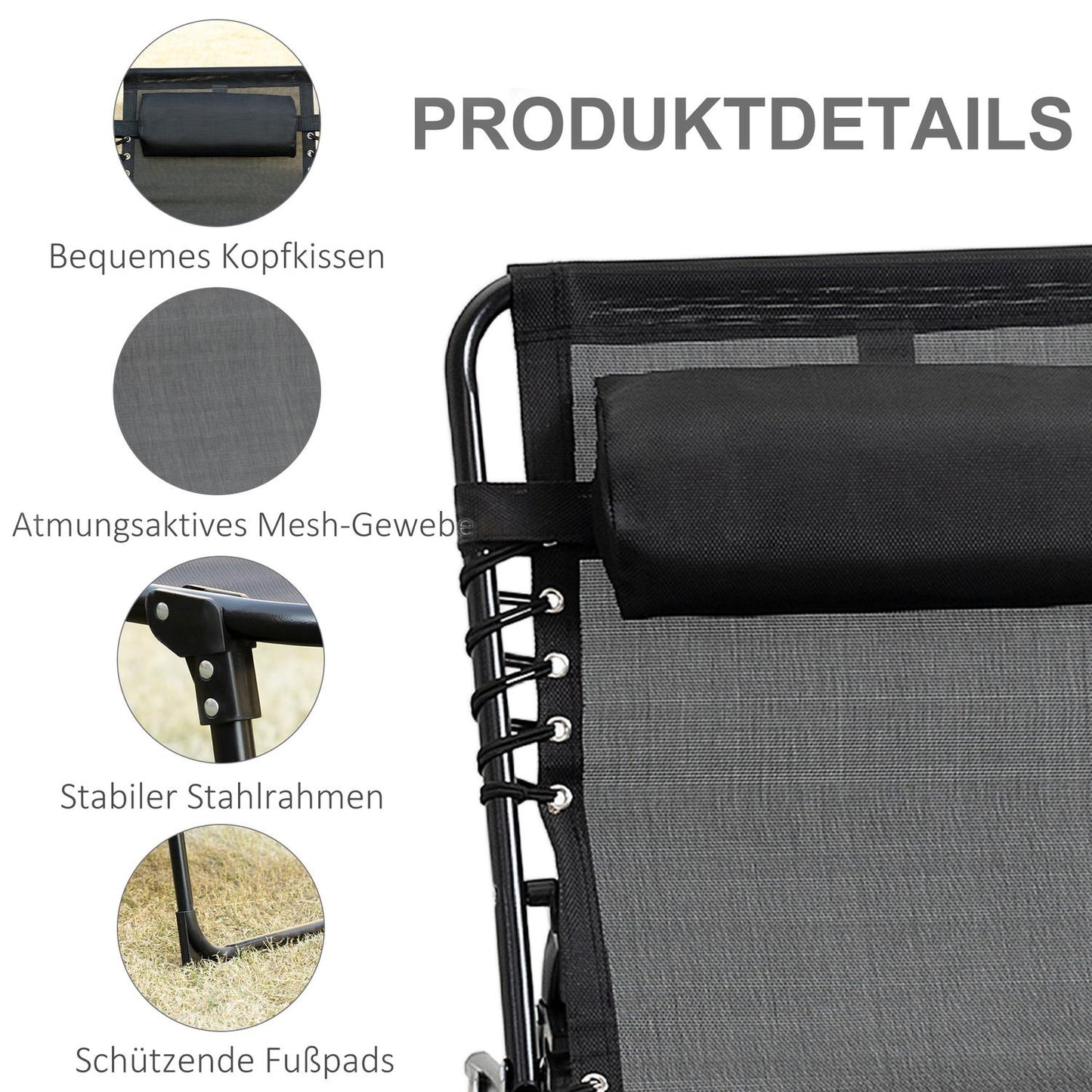 Adjustable chaise longue - folding sun lounger, black