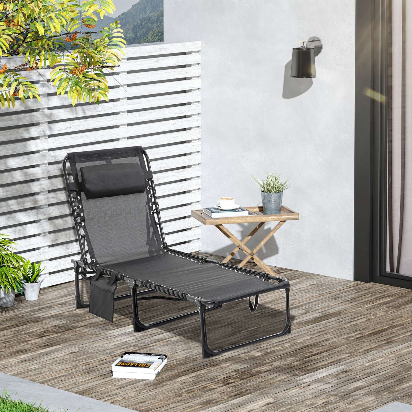 Adjustable chaise longue - folding sun lounger, black