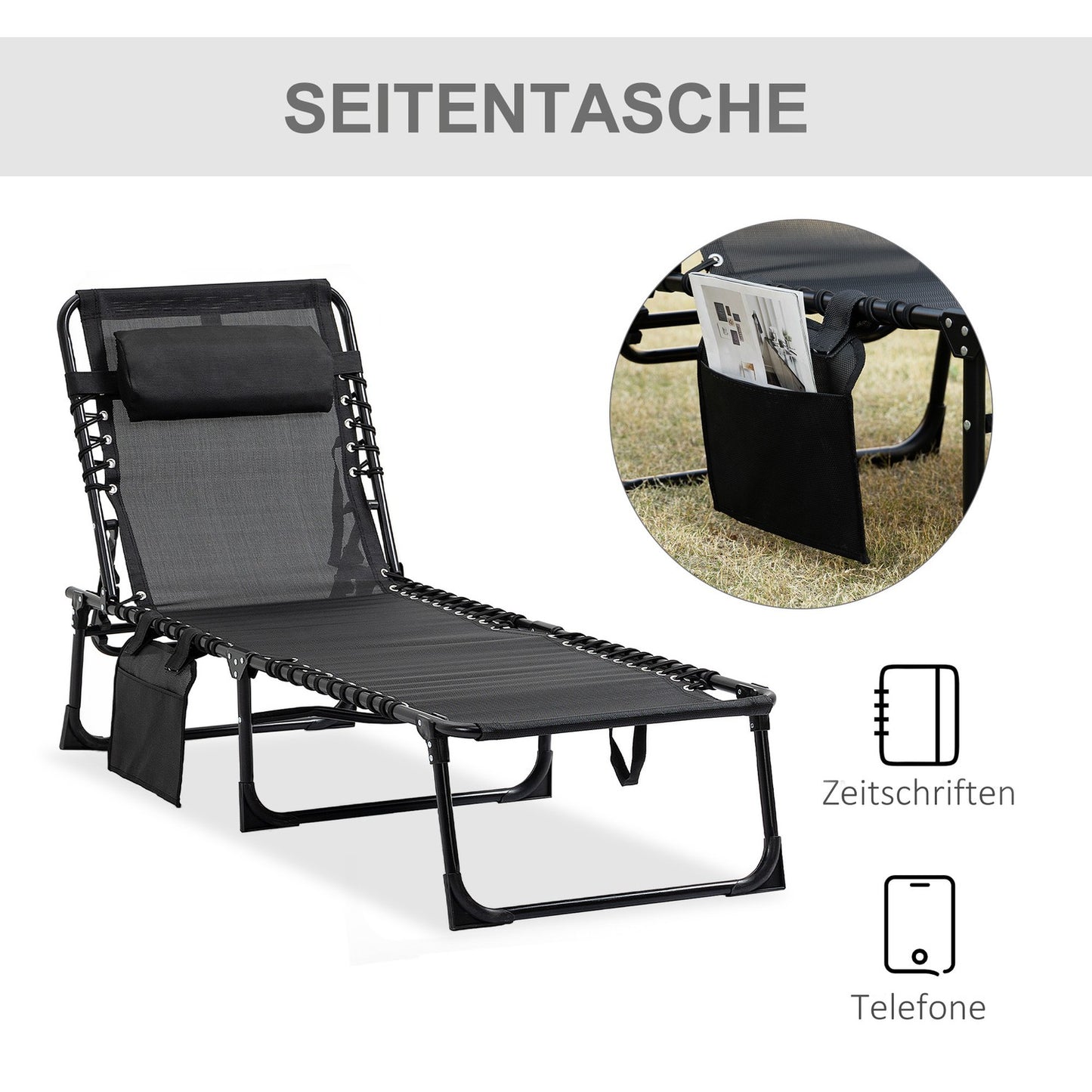 Adjustable chaise longue - folding sun lounger, black
