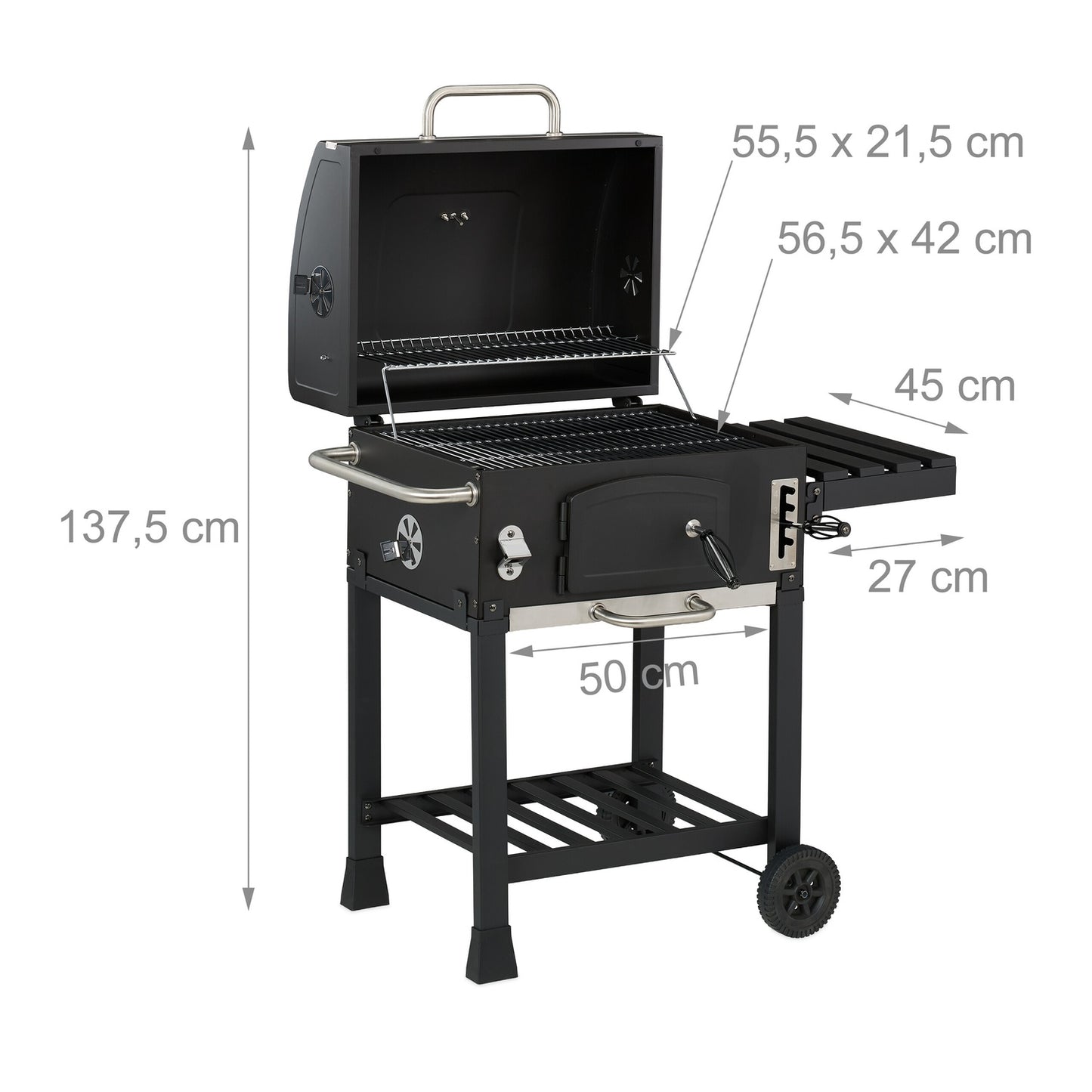 Charcoal BBQ Cart with Lid, Adjustable Tray & Thermometer