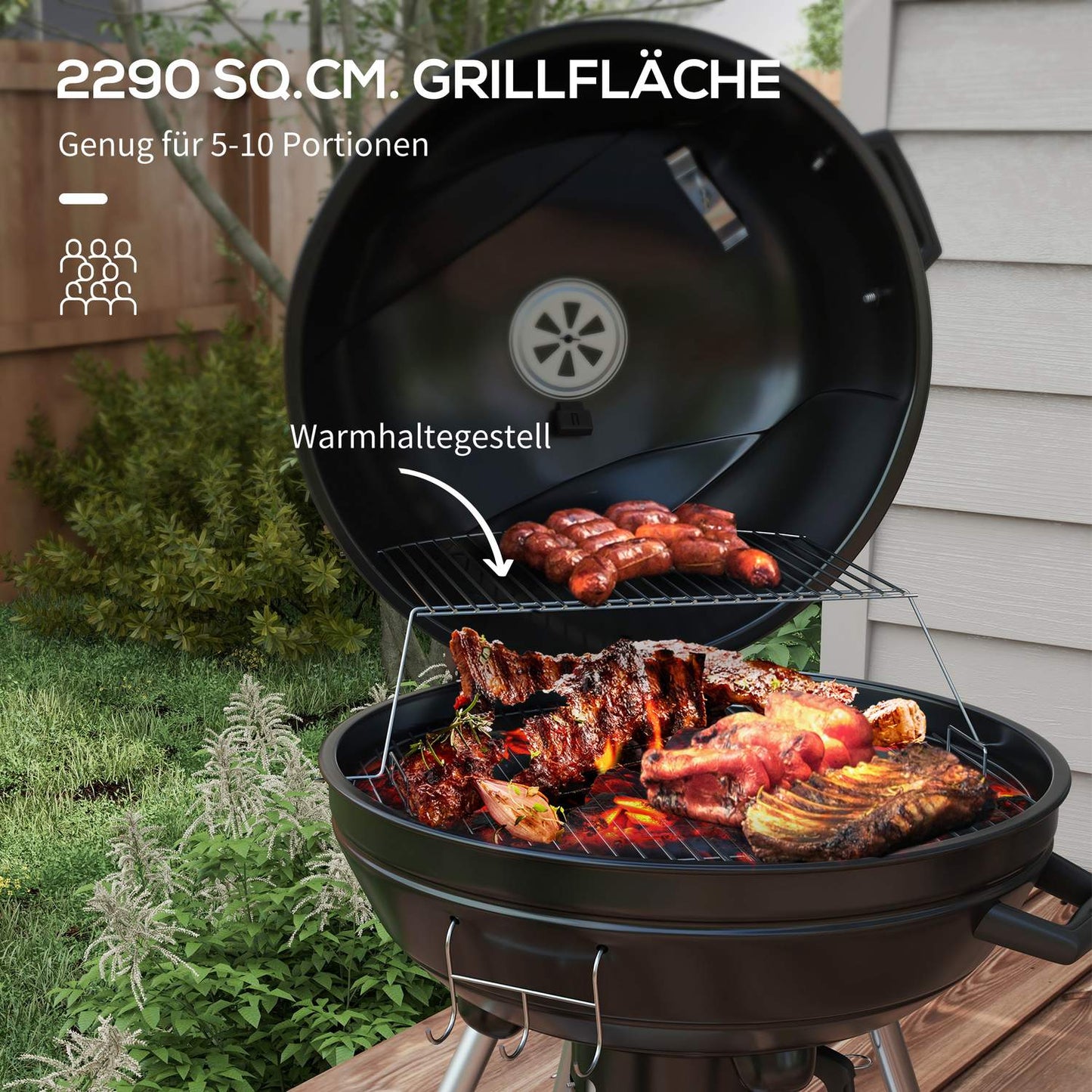 Charcoal grill with wheels, shelf and thermometer