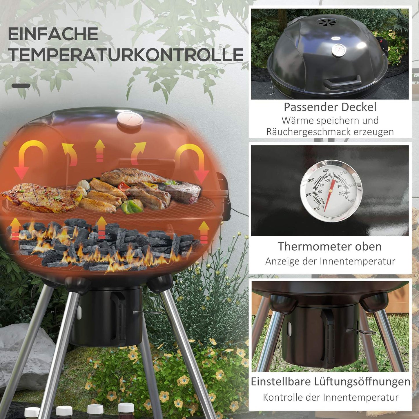 Charcoal grill with wheels, shelf and thermometer