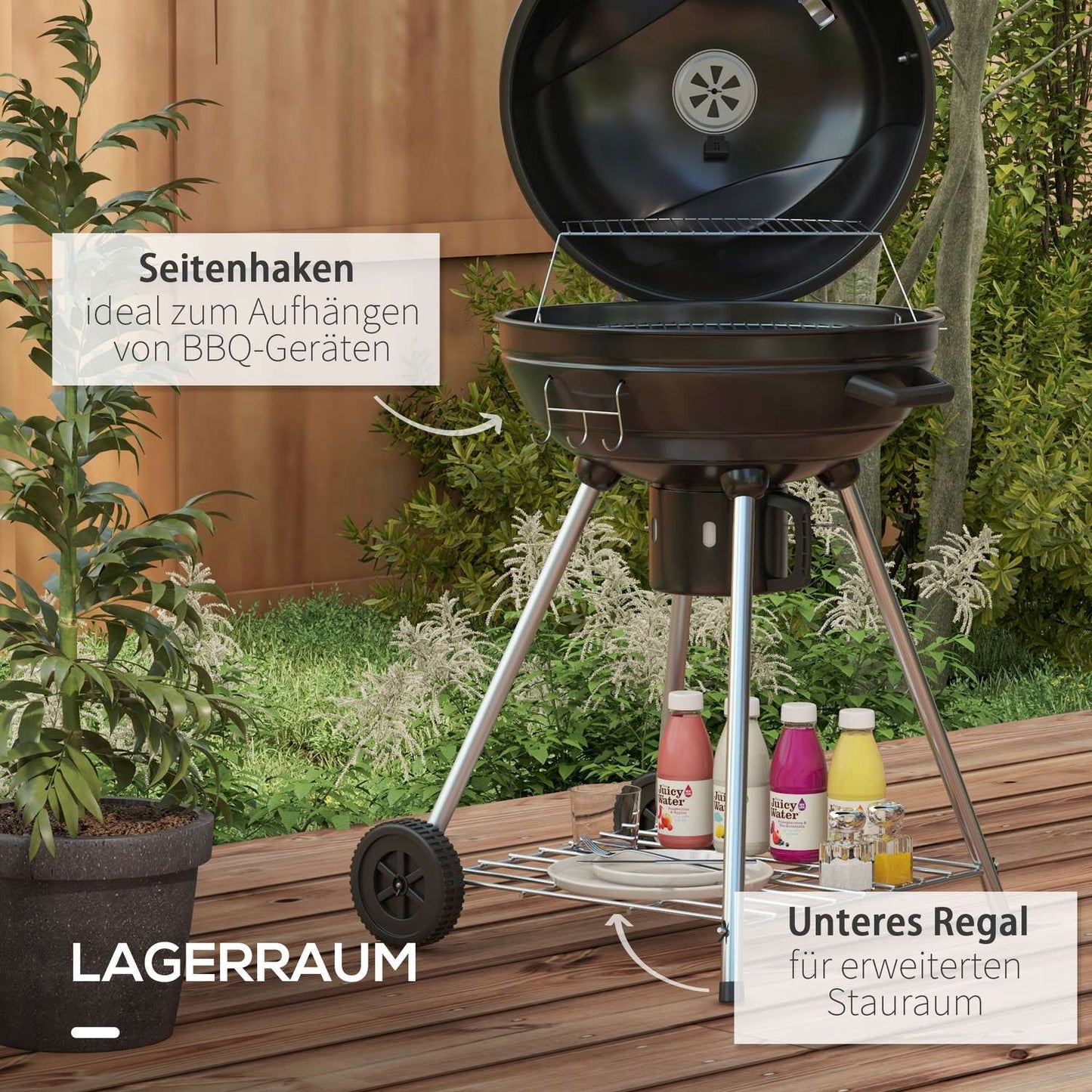 Charcoal grill with wheels, shelf and thermometer