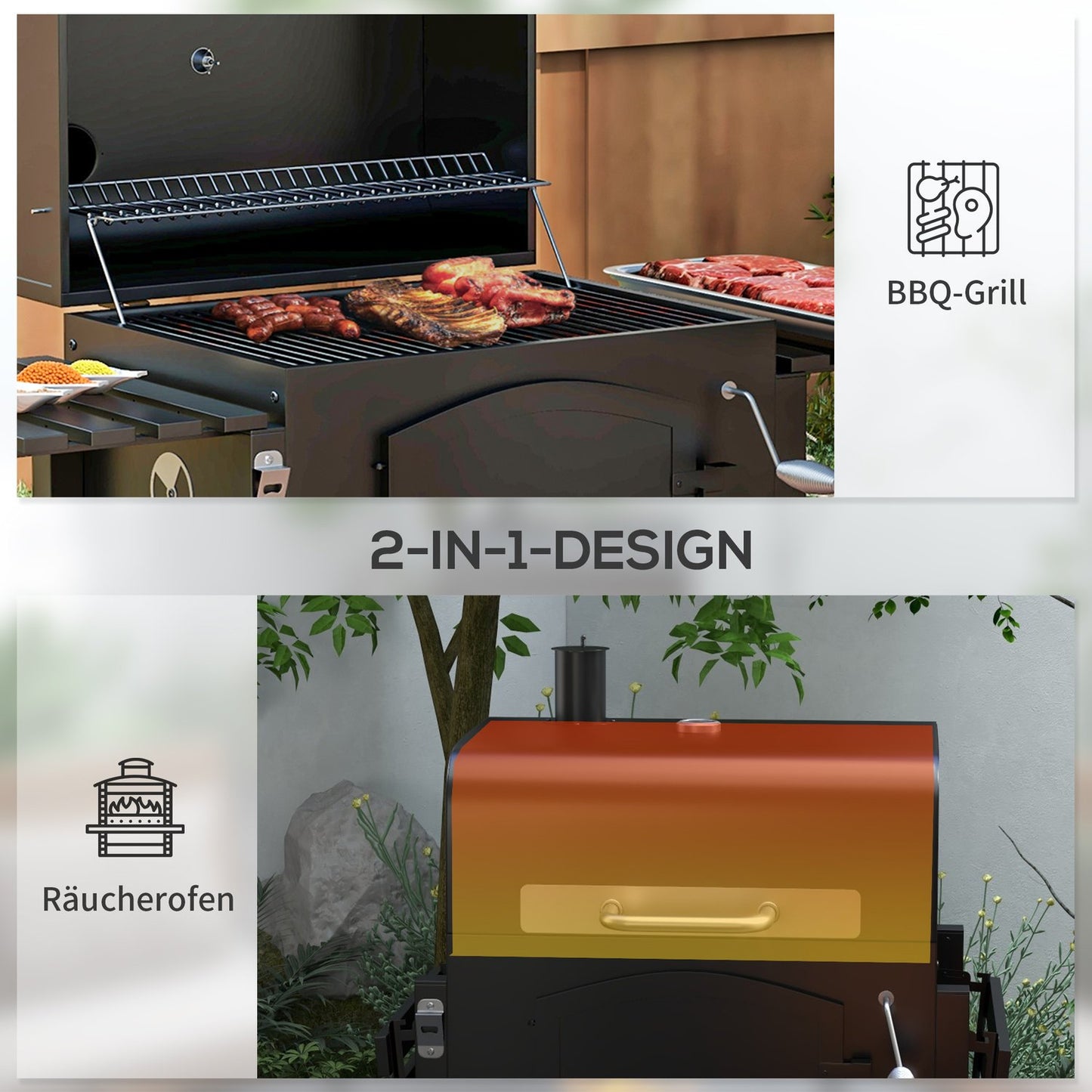Charcoal grill with smoker, heating rack, wheels
