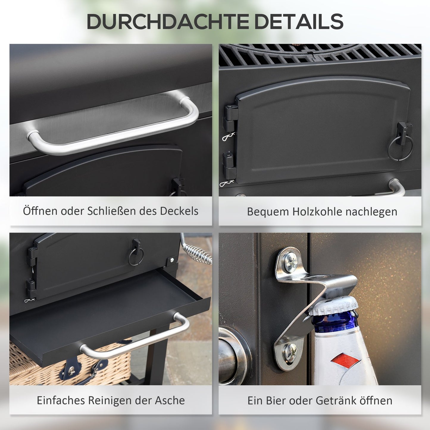 Charcoal grill with smoker, heating rack, wheels