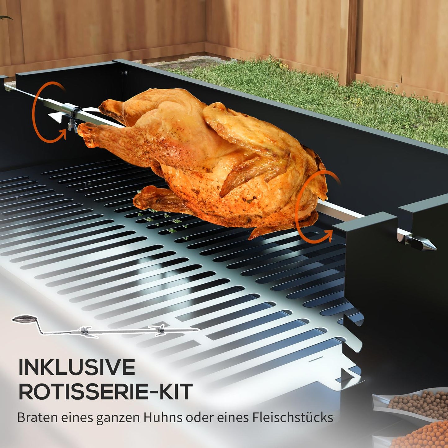 Folding stainless steel charcoal grill with rotisserie kit