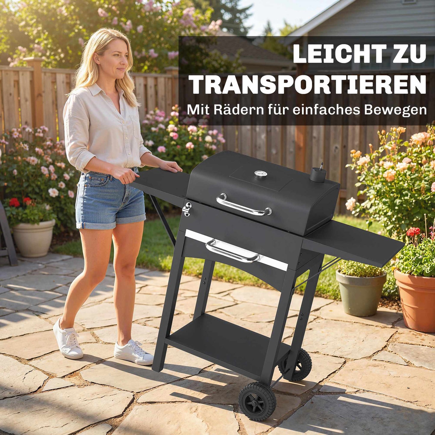 Charcoal Grill Cart with Side Shelves and Thermometer