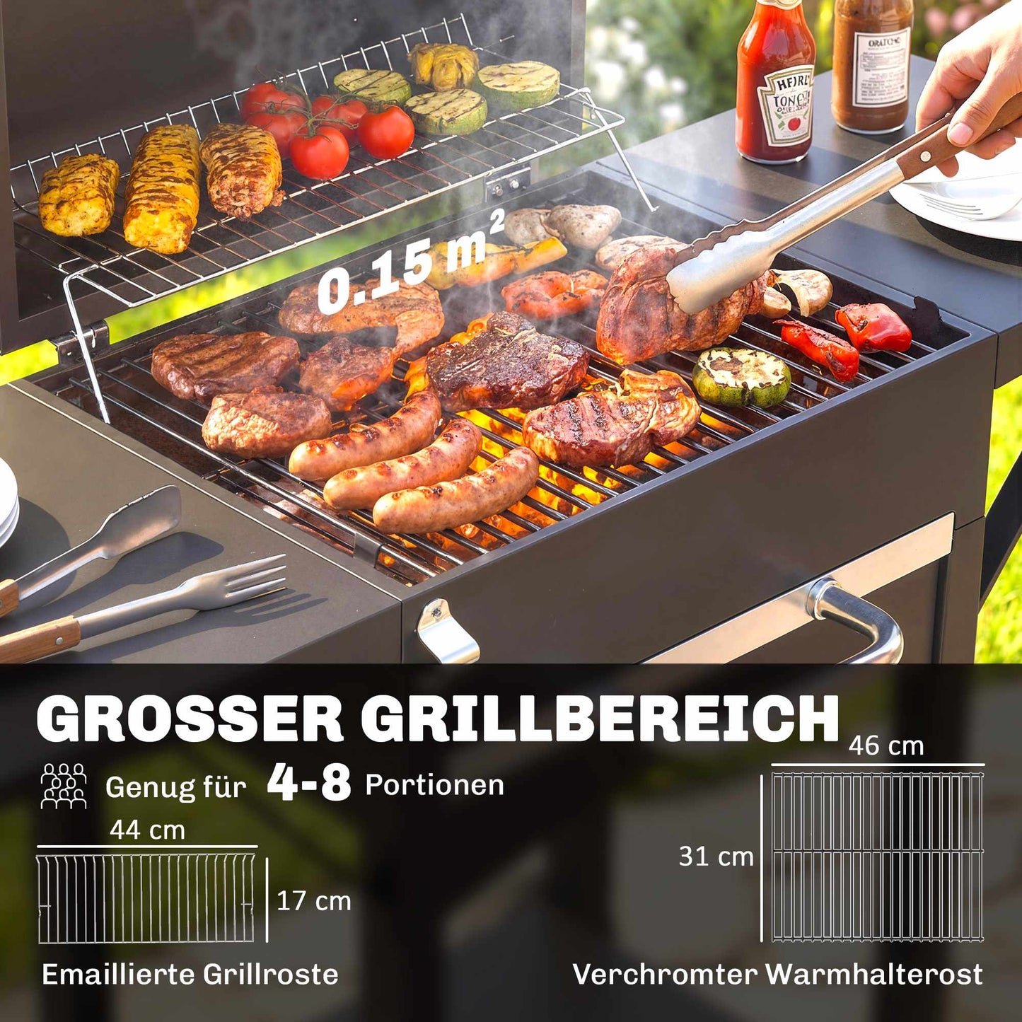 Charcoal Grill Cart with Side Shelves and Thermometer