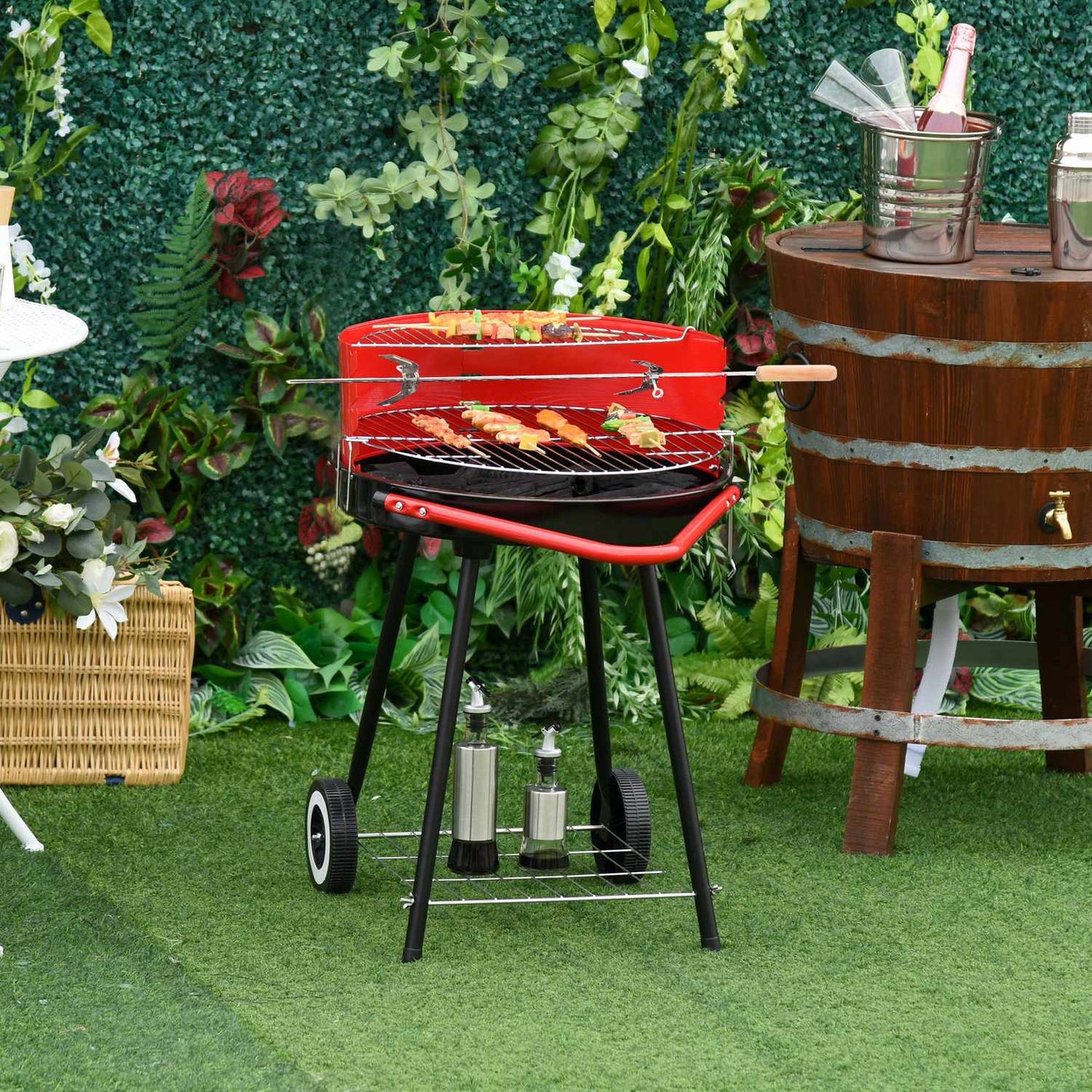 Red metal charcoal grill with wheels, 51x70x75.5cm