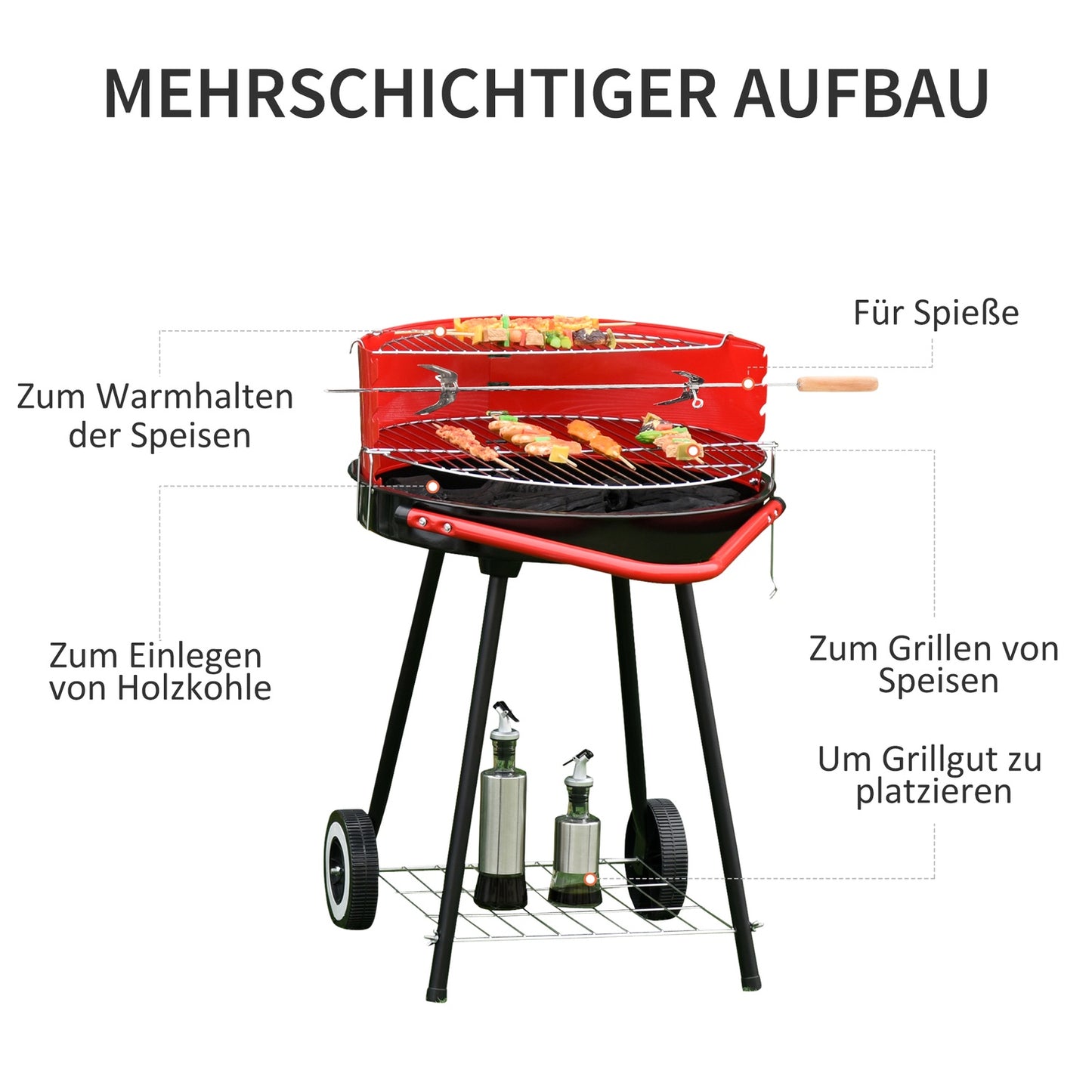 Red metal charcoal grill with wheels, 51x70x75.5cm