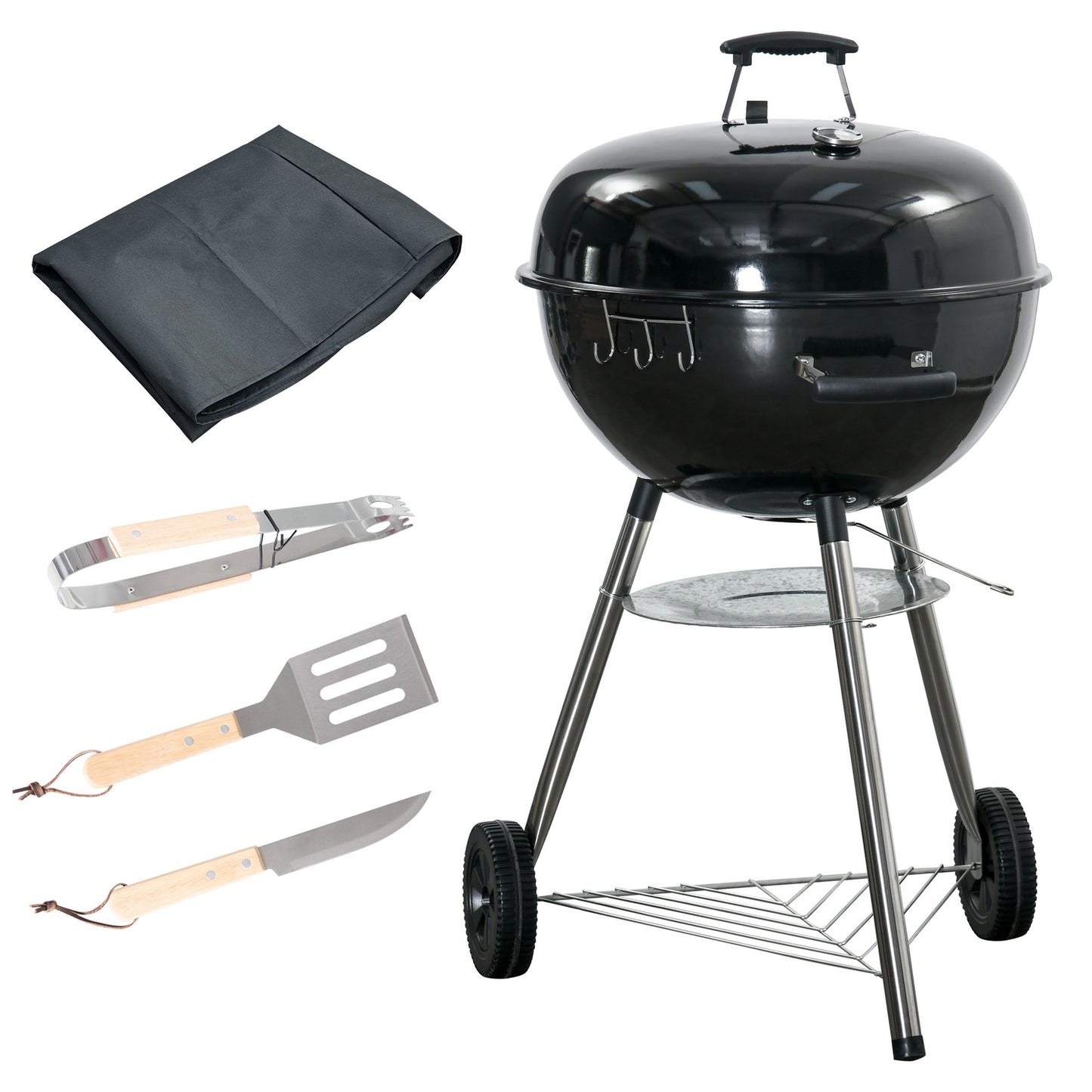 Charcoal grill with lid, thermometer & shelf - 65x65x108cm