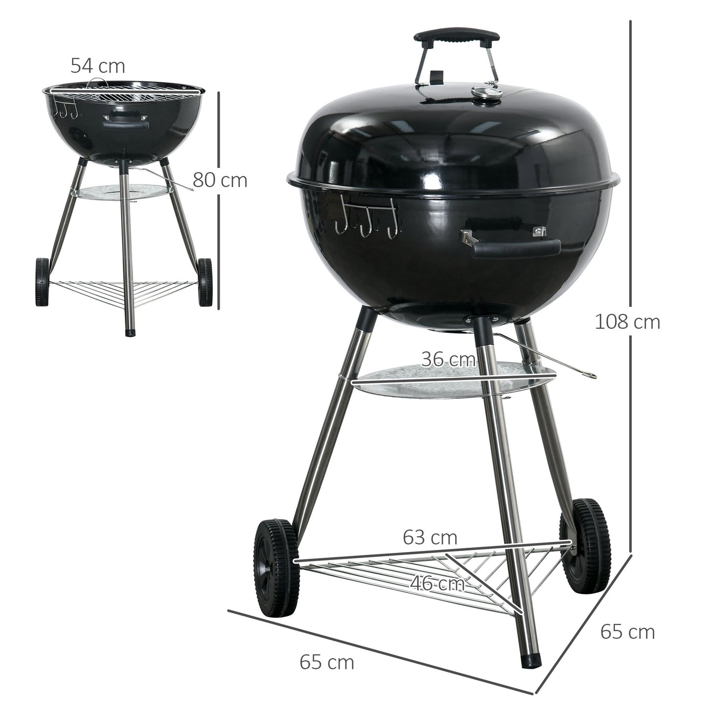 Charcoal grill with lid, thermometer & shelf - 65x65x108cm