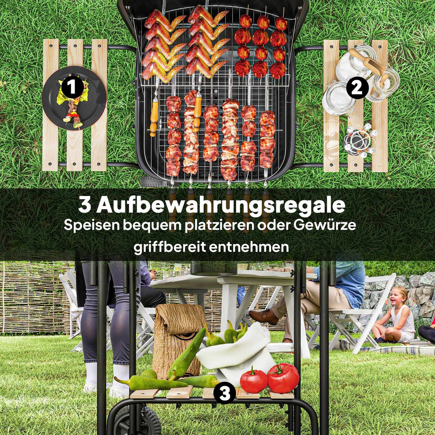 Charcoal Grill with Lockable Lid, Steel Frame, 1840 cm² Cooking Area