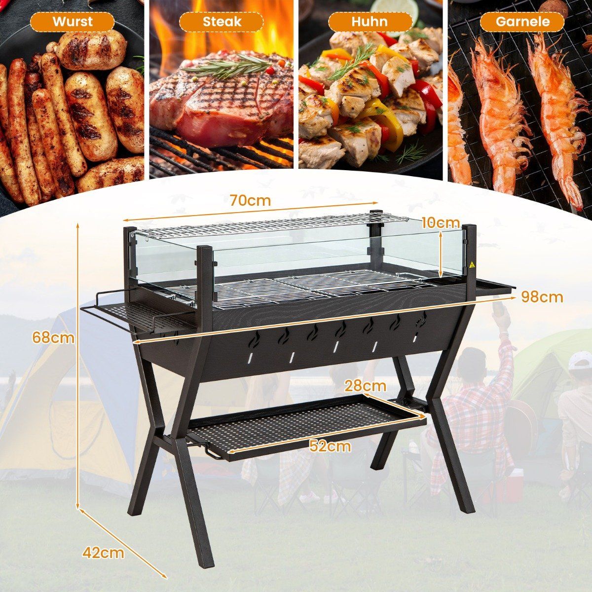 Charcoal Grill with Windshield, Spice Racks & Stainless Steel Grates