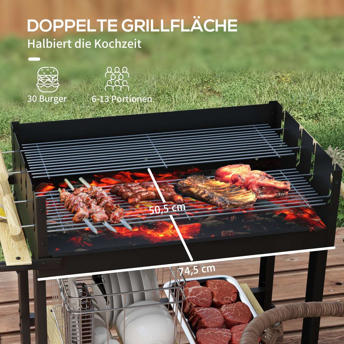 Charcoal grill, double grates, shelf and handle, 113x53.5x82.5 cm