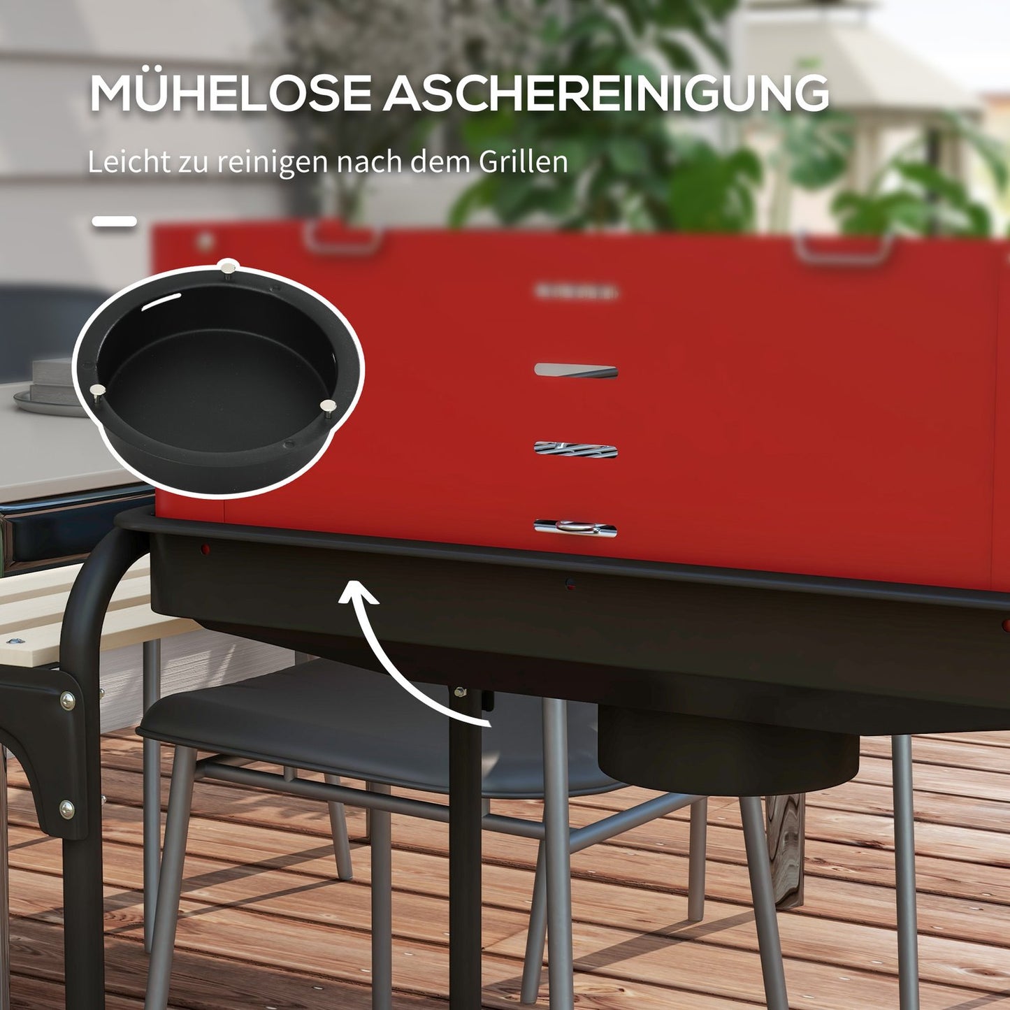 Mobile charcoal grill in metal with wheels and wooden shelf