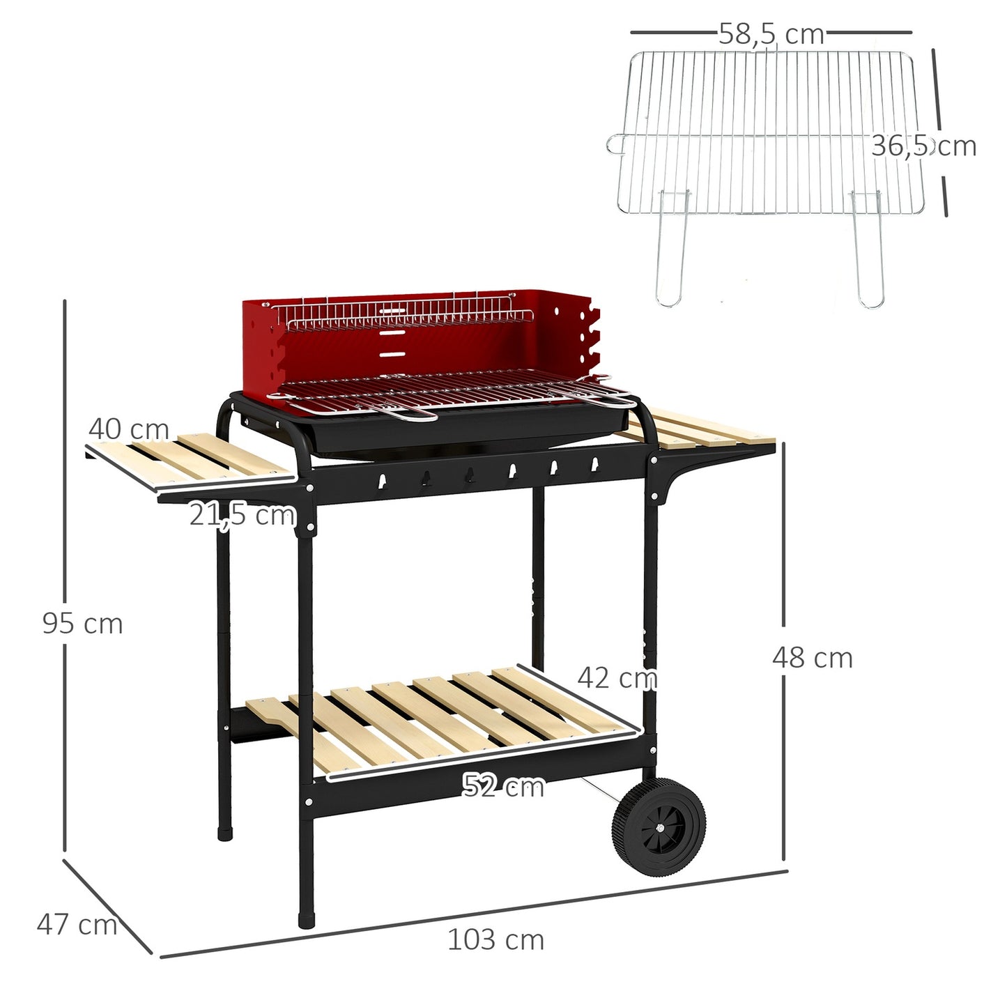 Mobile charcoal grill in metal with wheels and wooden shelf