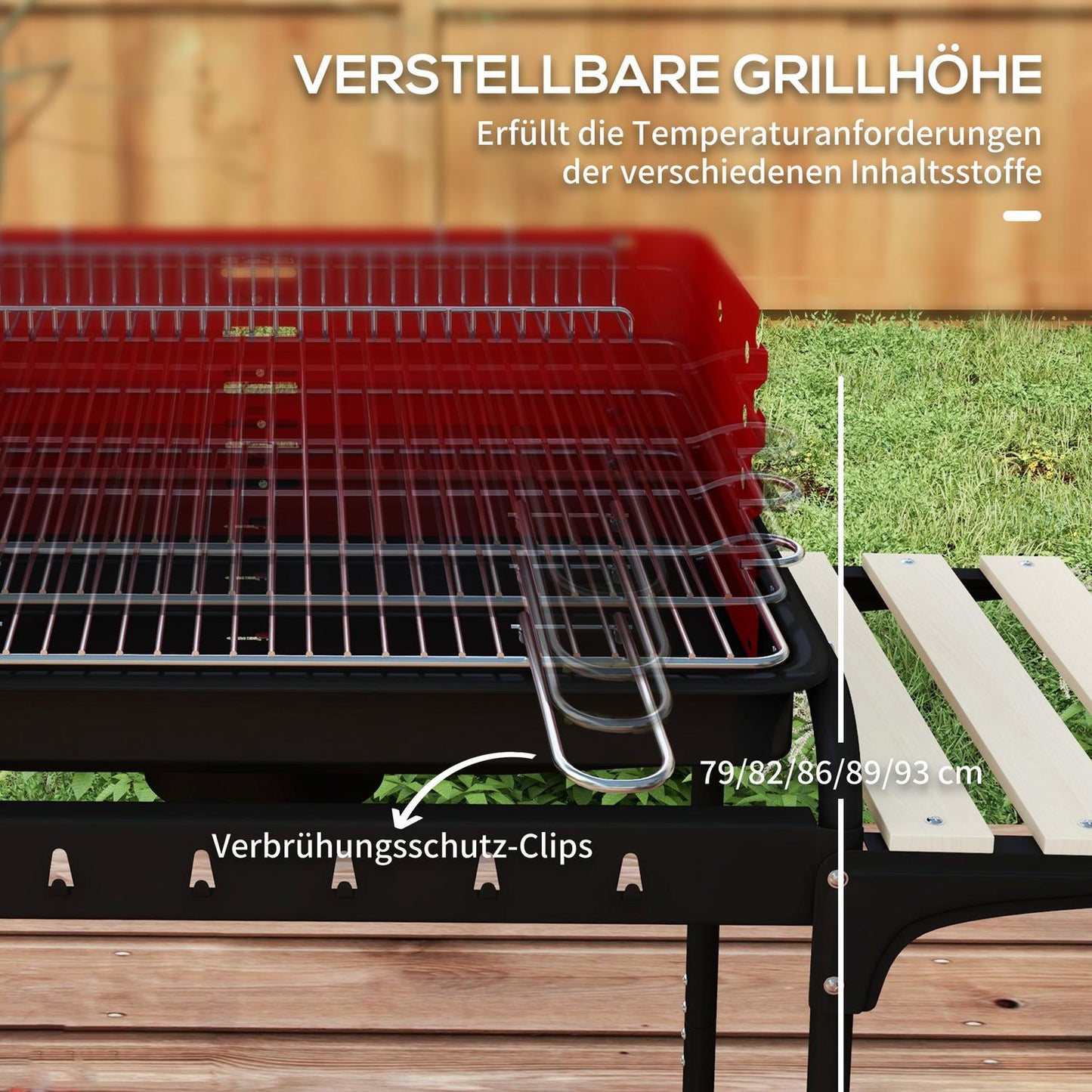 Mobile charcoal grill in metal with wheels and wooden shelf