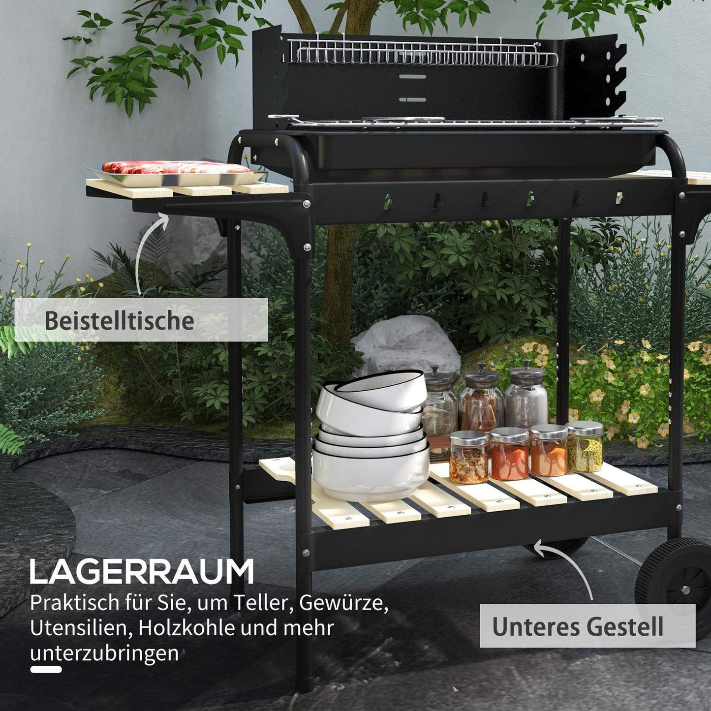 Metal charcoal grill - adjustable grid, wheels, shelf