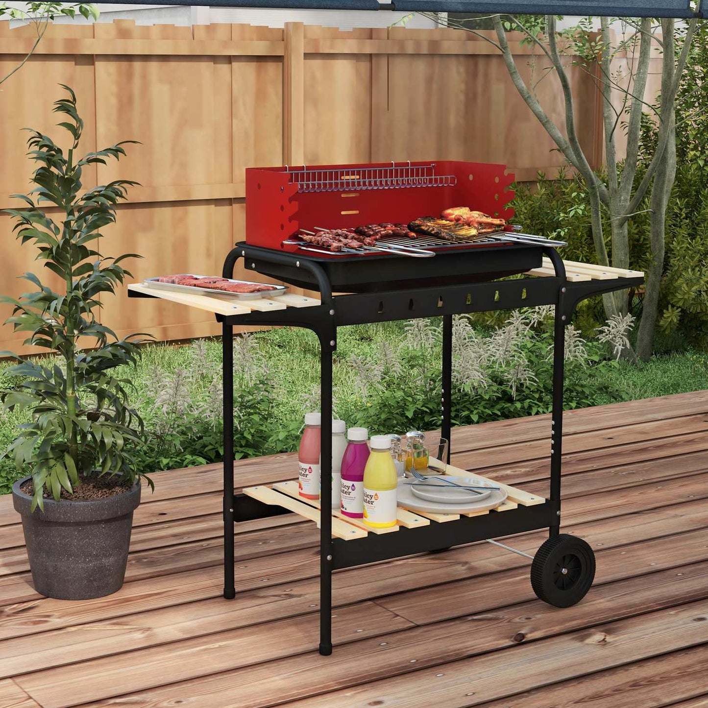 Mobile charcoal grill in metal with wheels and wooden shelf