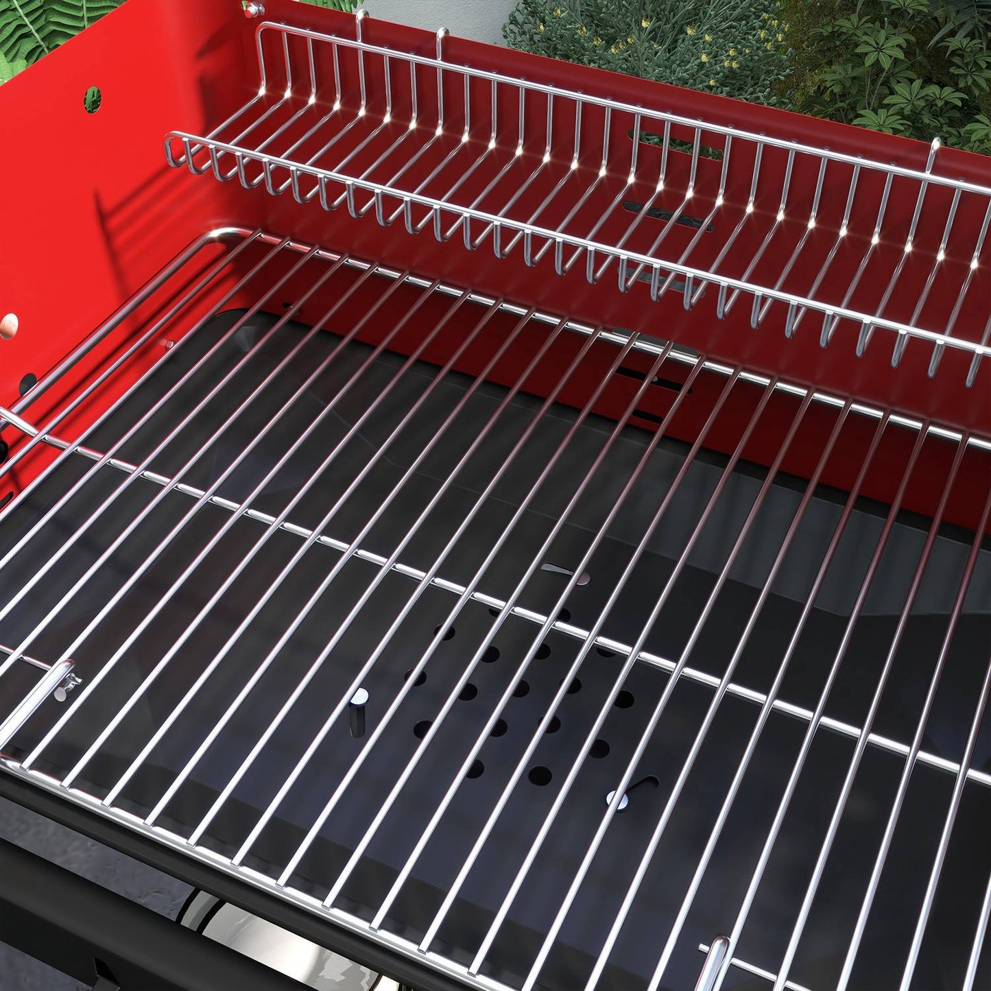 Mobile charcoal grill in metal with wheels and wooden shelf