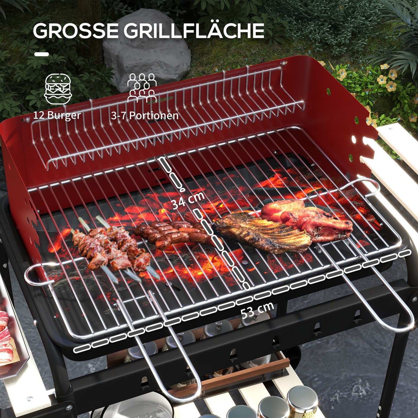 Mobile charcoal grill in metal with wheels and wooden shelf