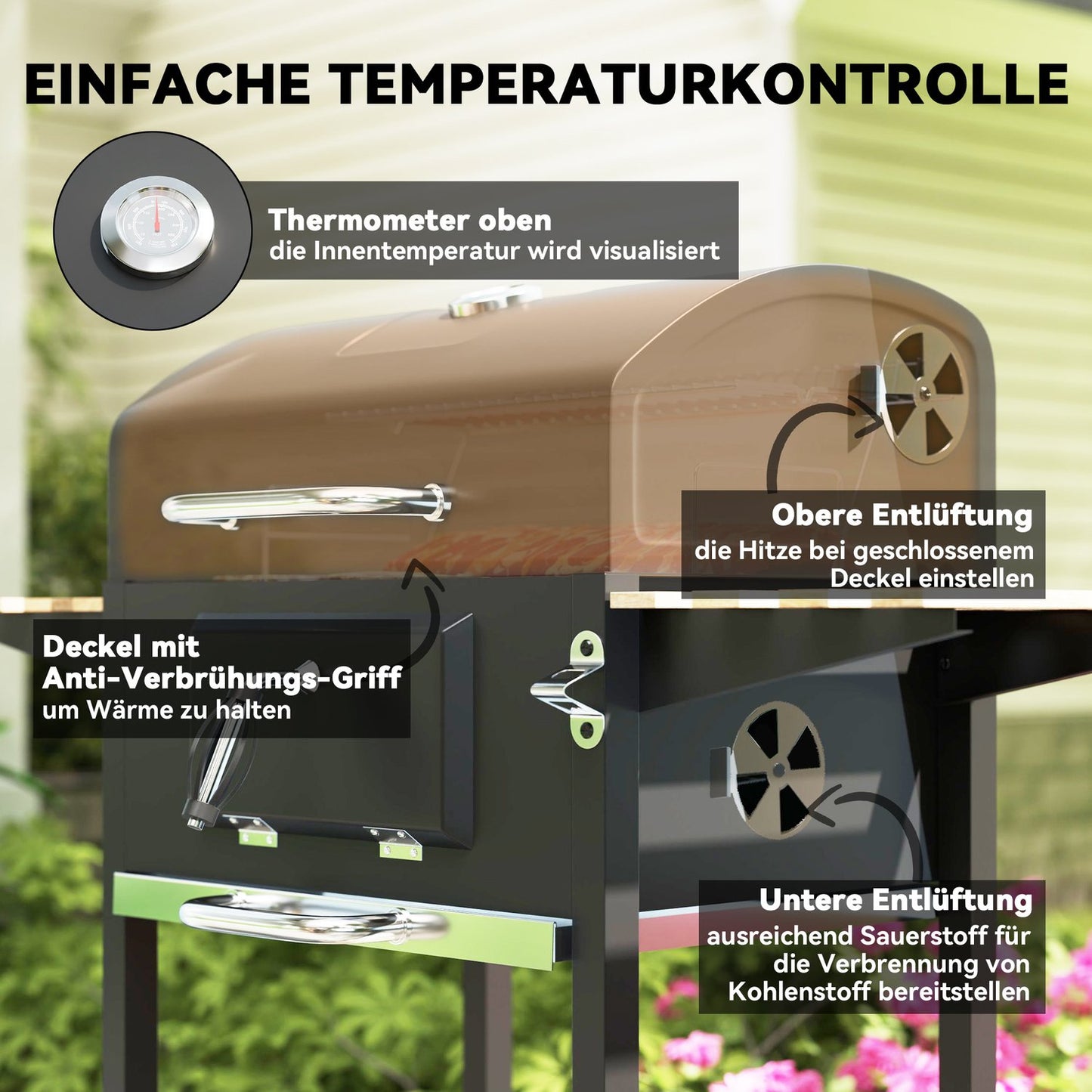 Stainless Steel Charcoal Grill Cart with Thermometer & Shelves