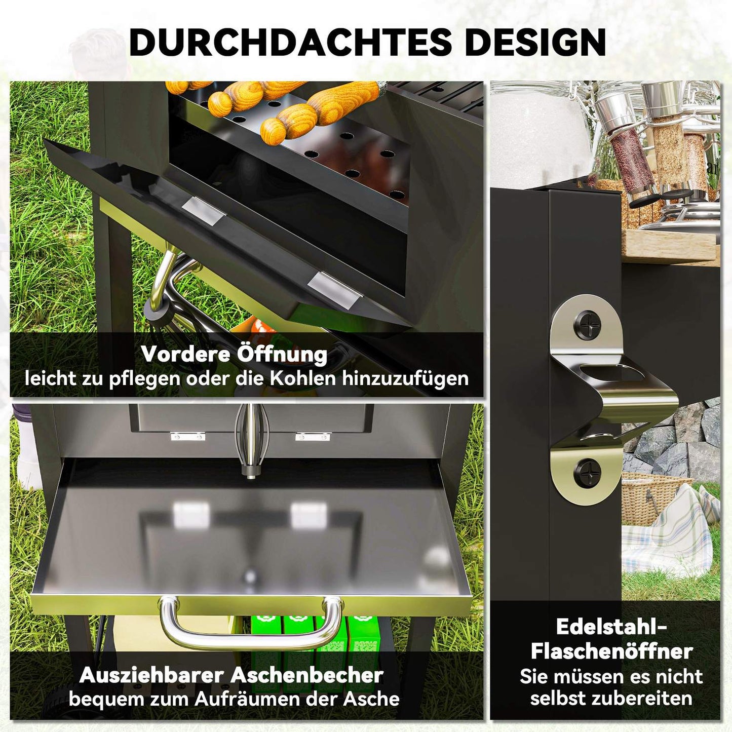 Stainless Steel Charcoal Grill Cart with Thermometer & Shelves
