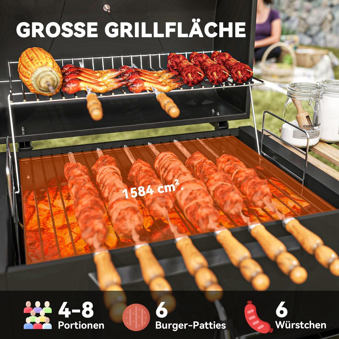 Stainless Steel Charcoal Grill Cart with Thermometer & Shelves