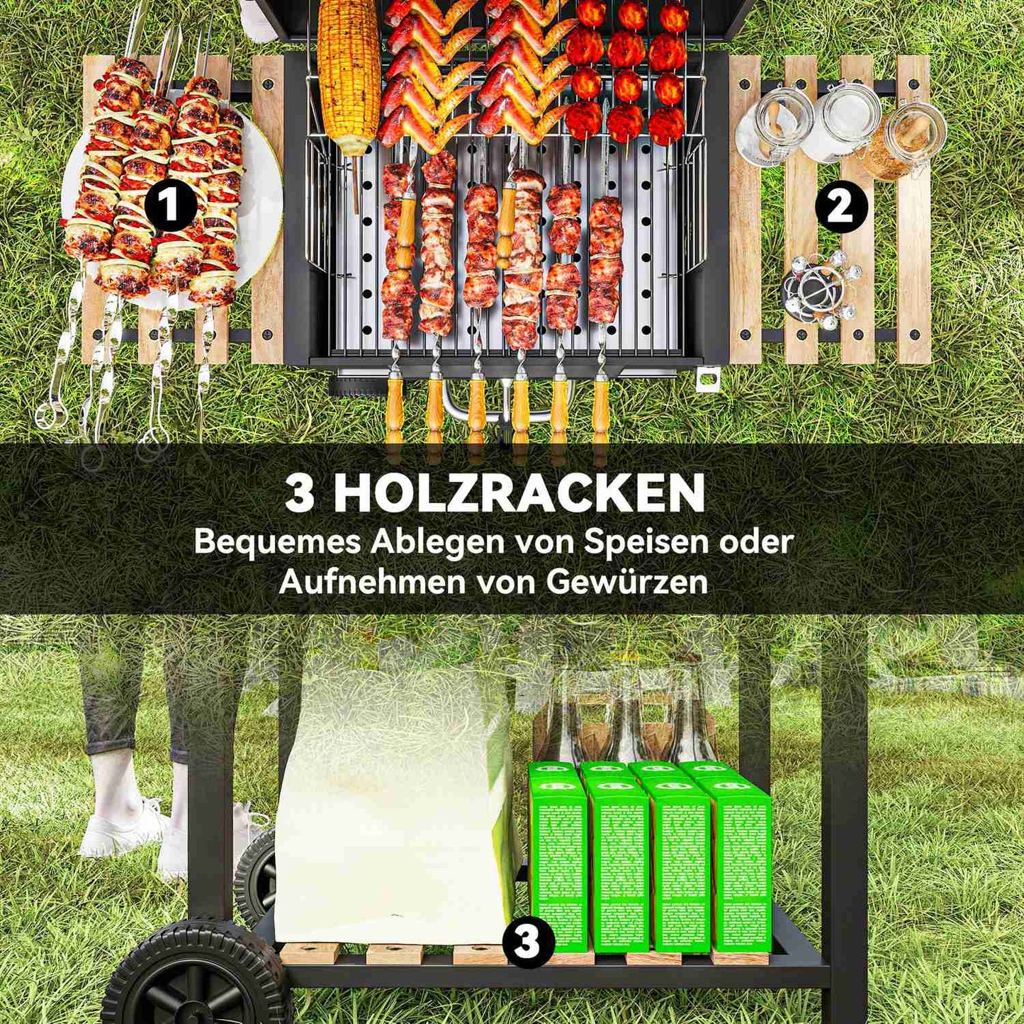 Stainless Steel Charcoal Grill Cart with Thermometer & Shelves