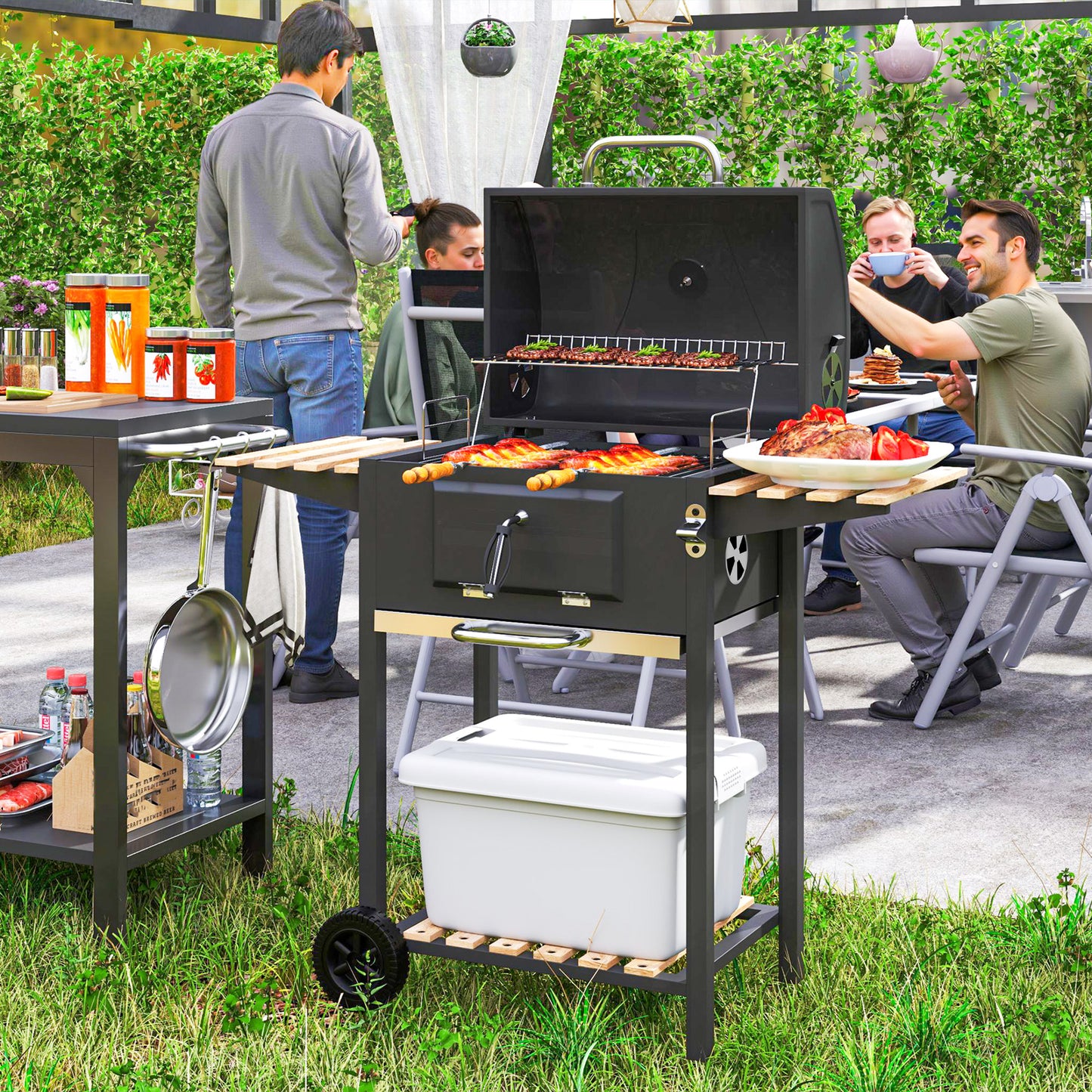 Stainless Steel Charcoal Grill Cart with Thermometer & Shelves