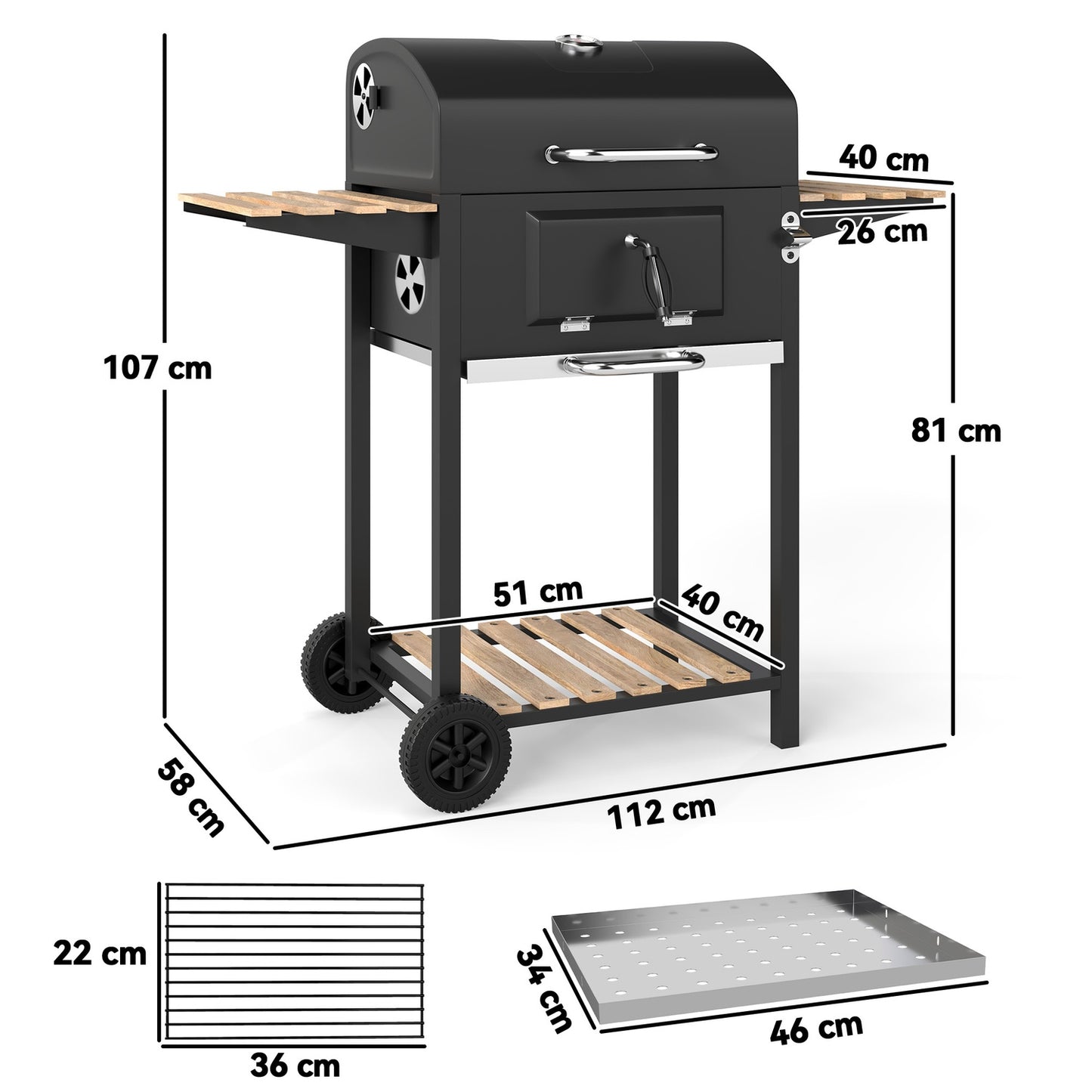 Stainless Steel Charcoal Grill Cart with Thermometer & Shelves