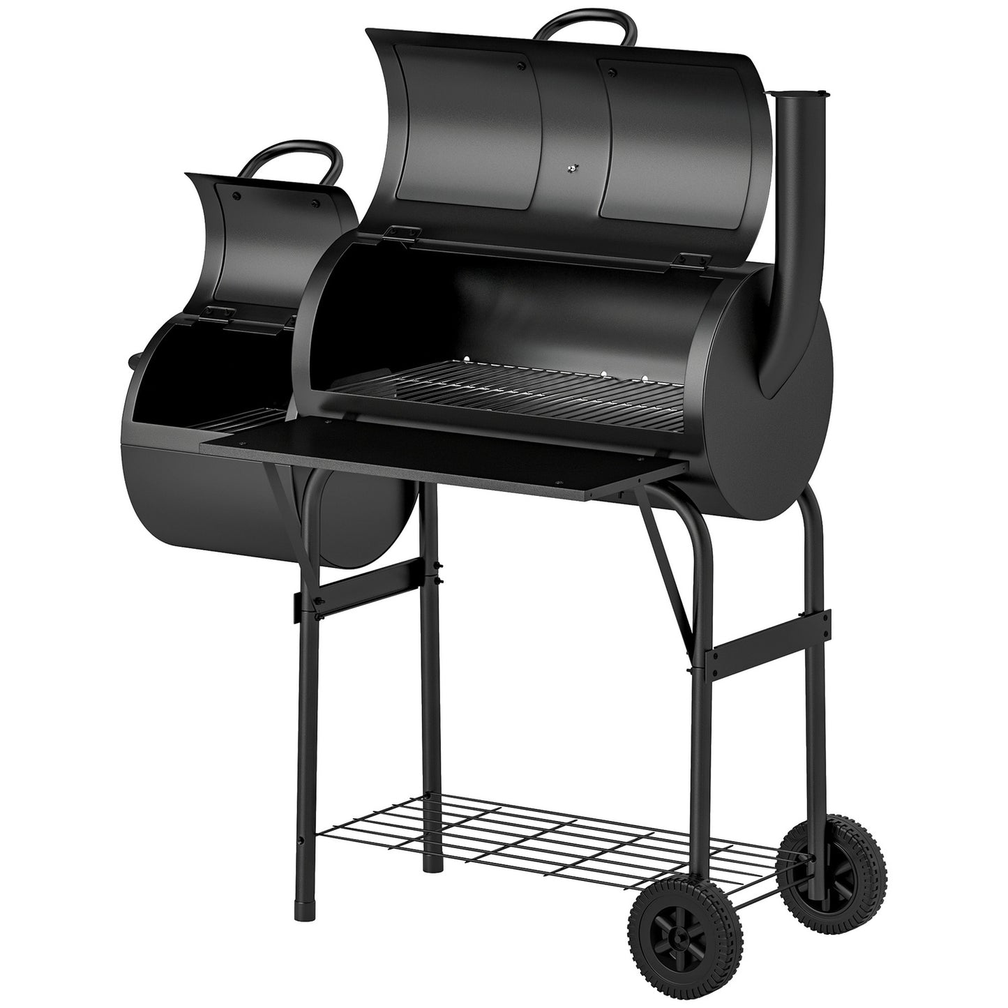 Steel BBQ charcoal grill with thermometer and wheels, 109x60x120 cm