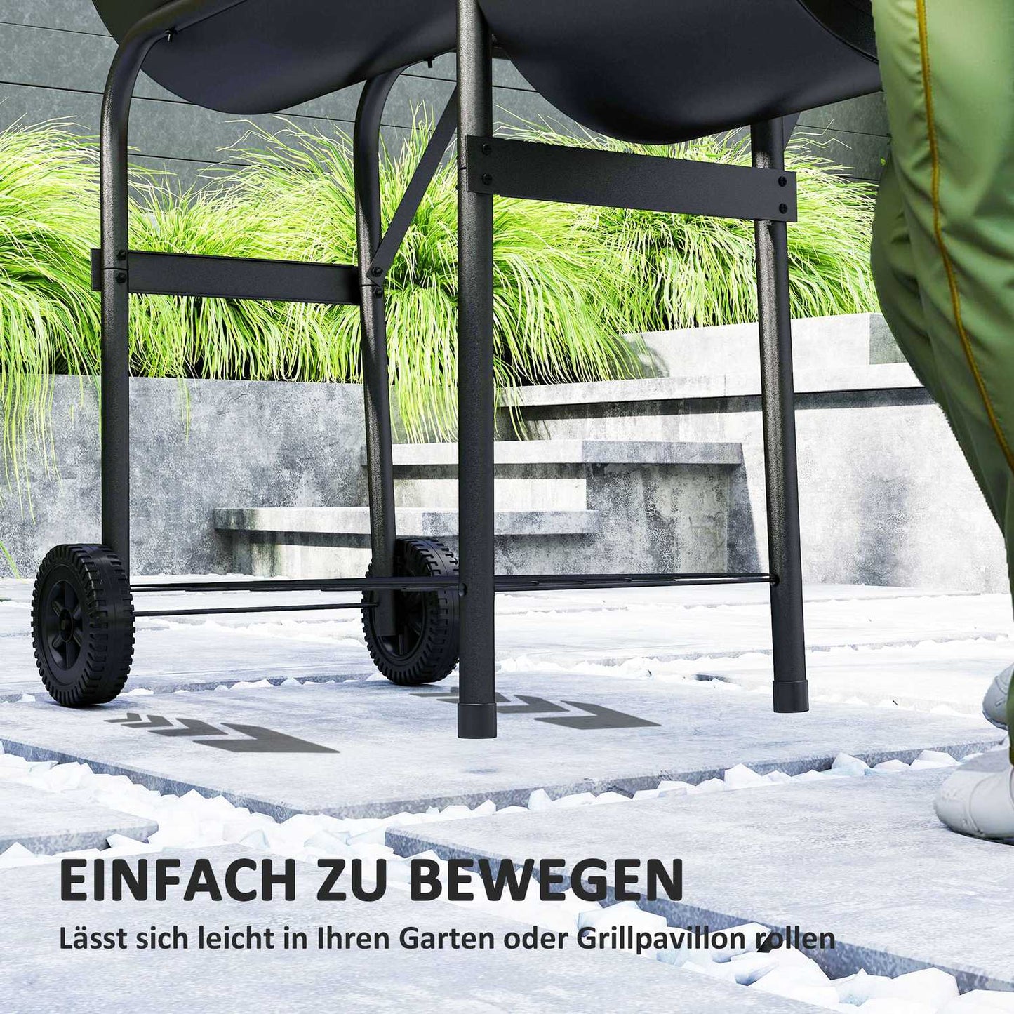 Steel BBQ charcoal grill with thermometer and wheels, 109x60x120 cm