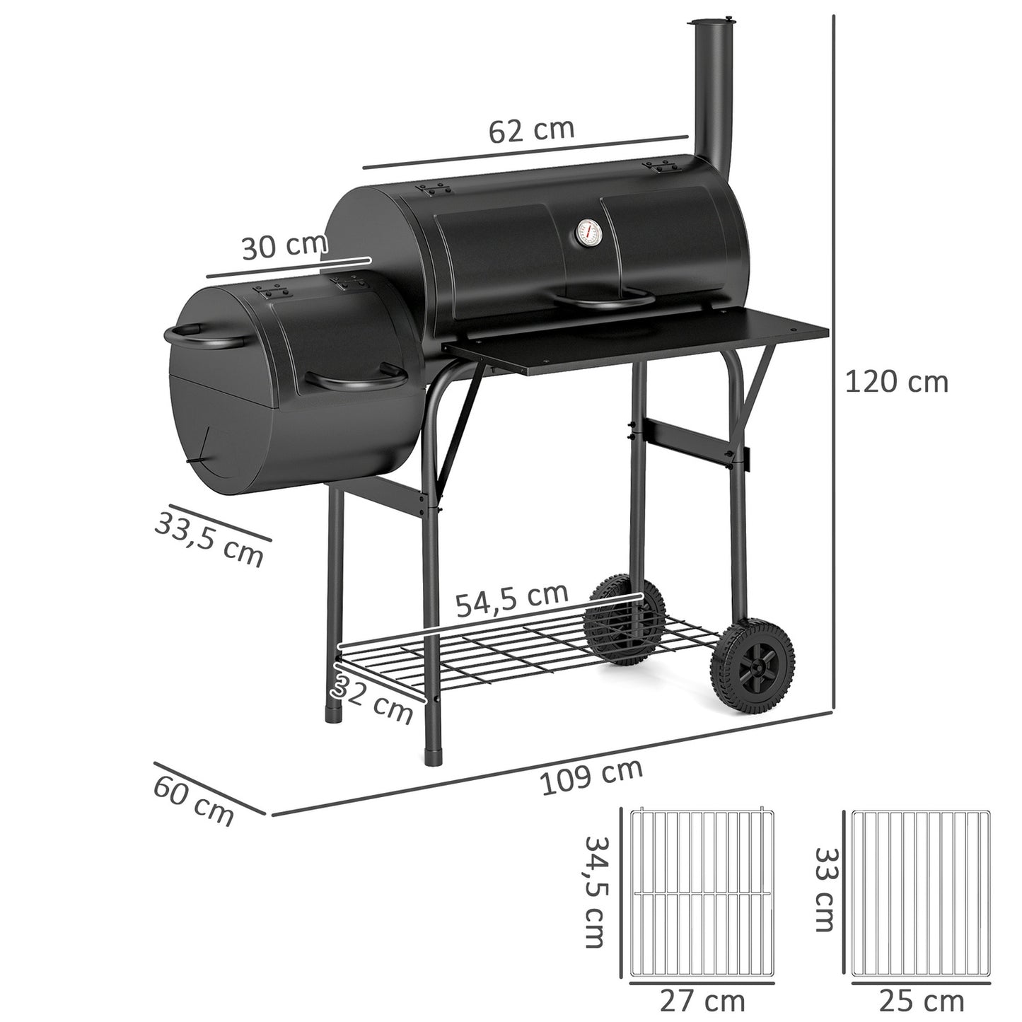 Steel BBQ charcoal grill with thermometer and wheels, 109x60x120 cm
