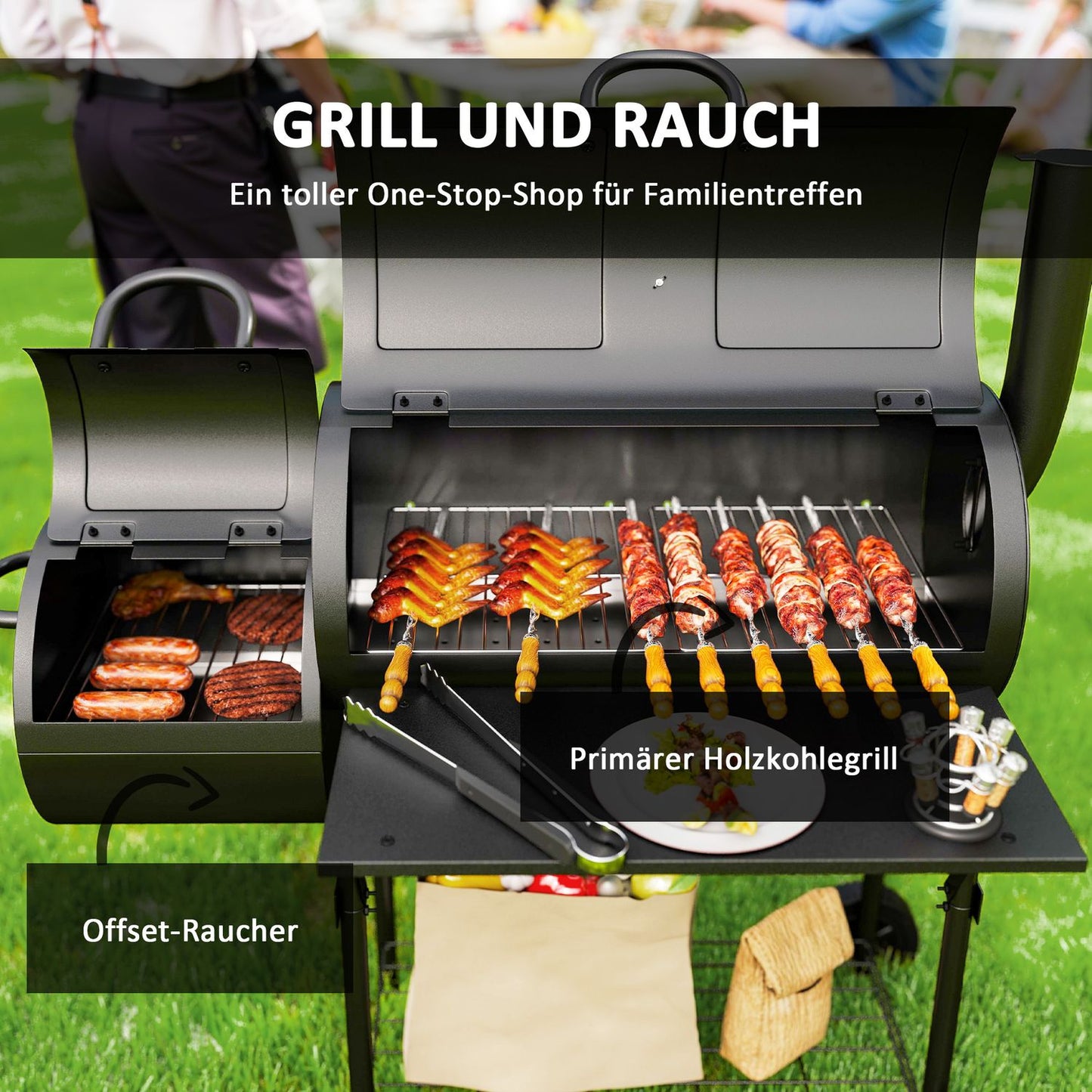 Steel BBQ charcoal grill with thermometer and wheels, 109x60x120 cm