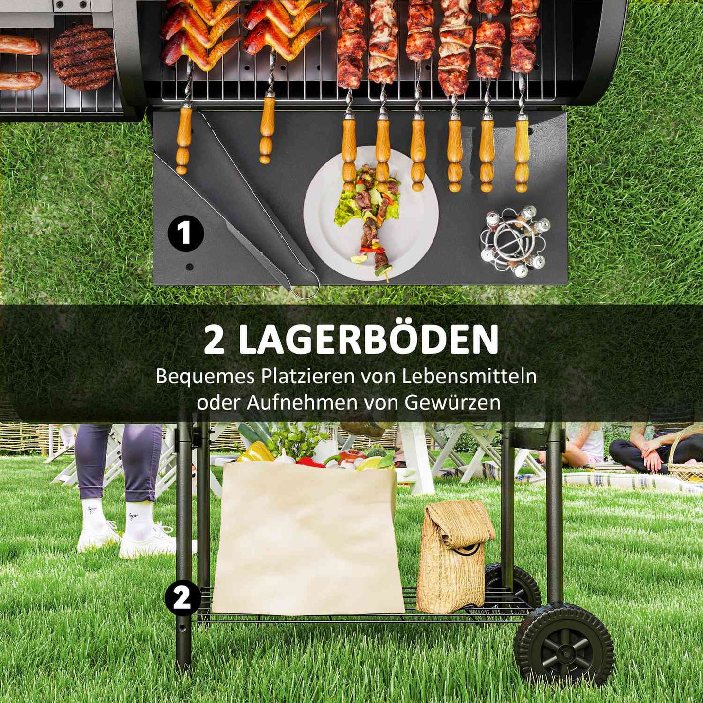 Steel BBQ charcoal grill with thermometer and wheels, 109x60x120 cm