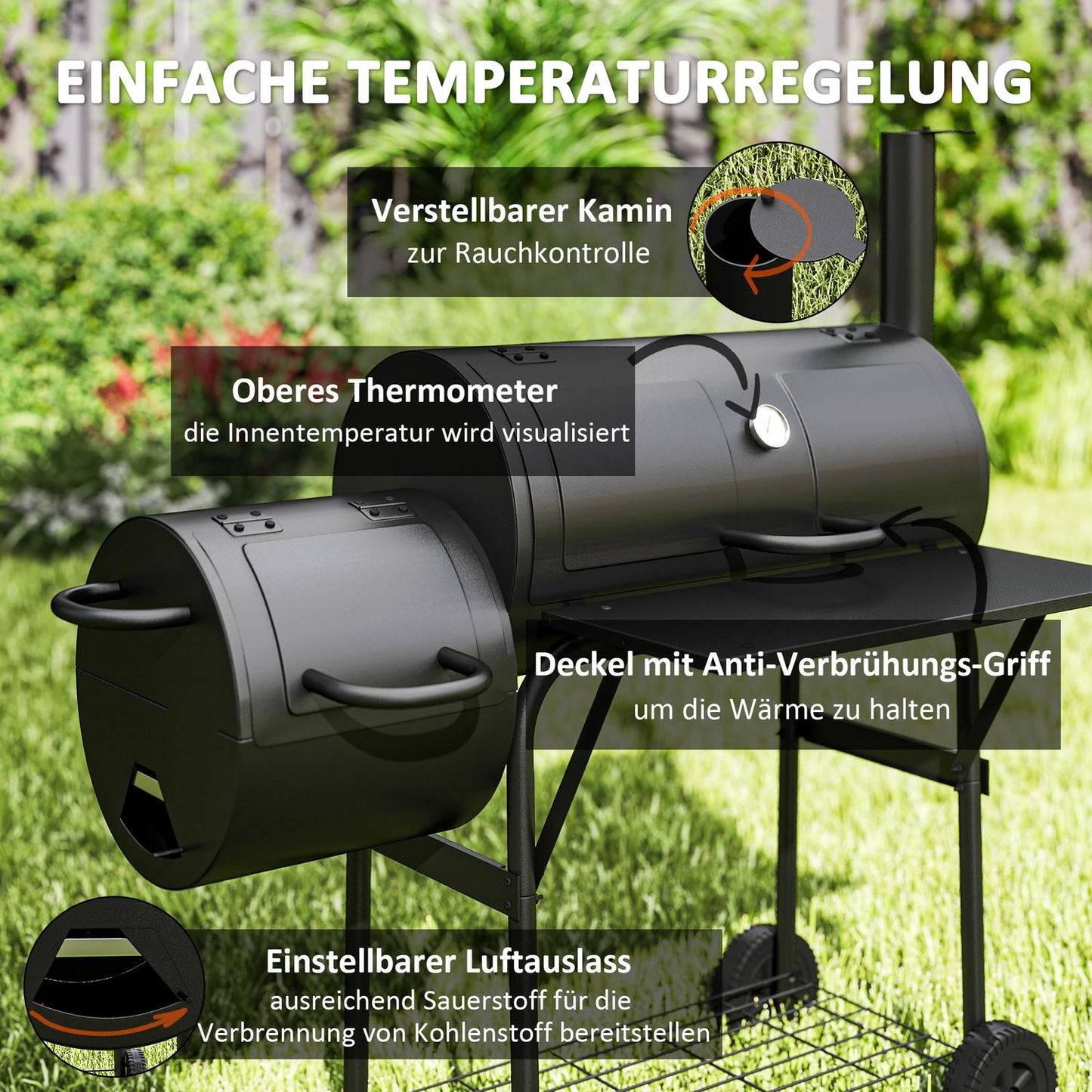 Steel BBQ charcoal grill with thermometer and wheels, 109x60x120 cm