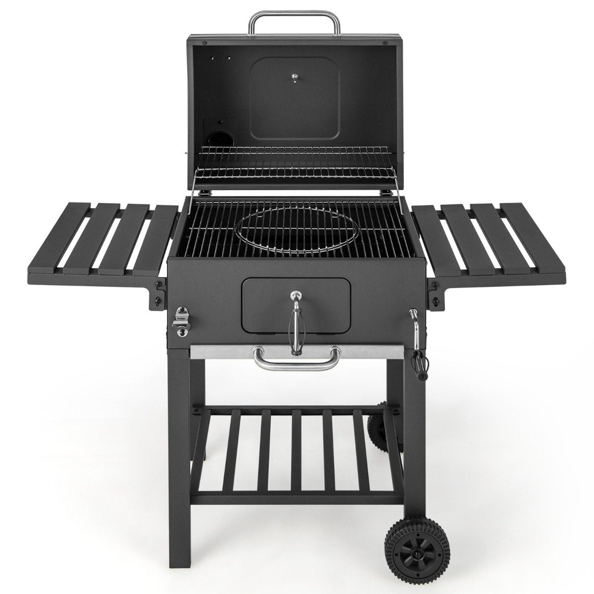 Charcoal grill with lid & 2 folding side tables & 8 hooks & thermometer & bottle opener
