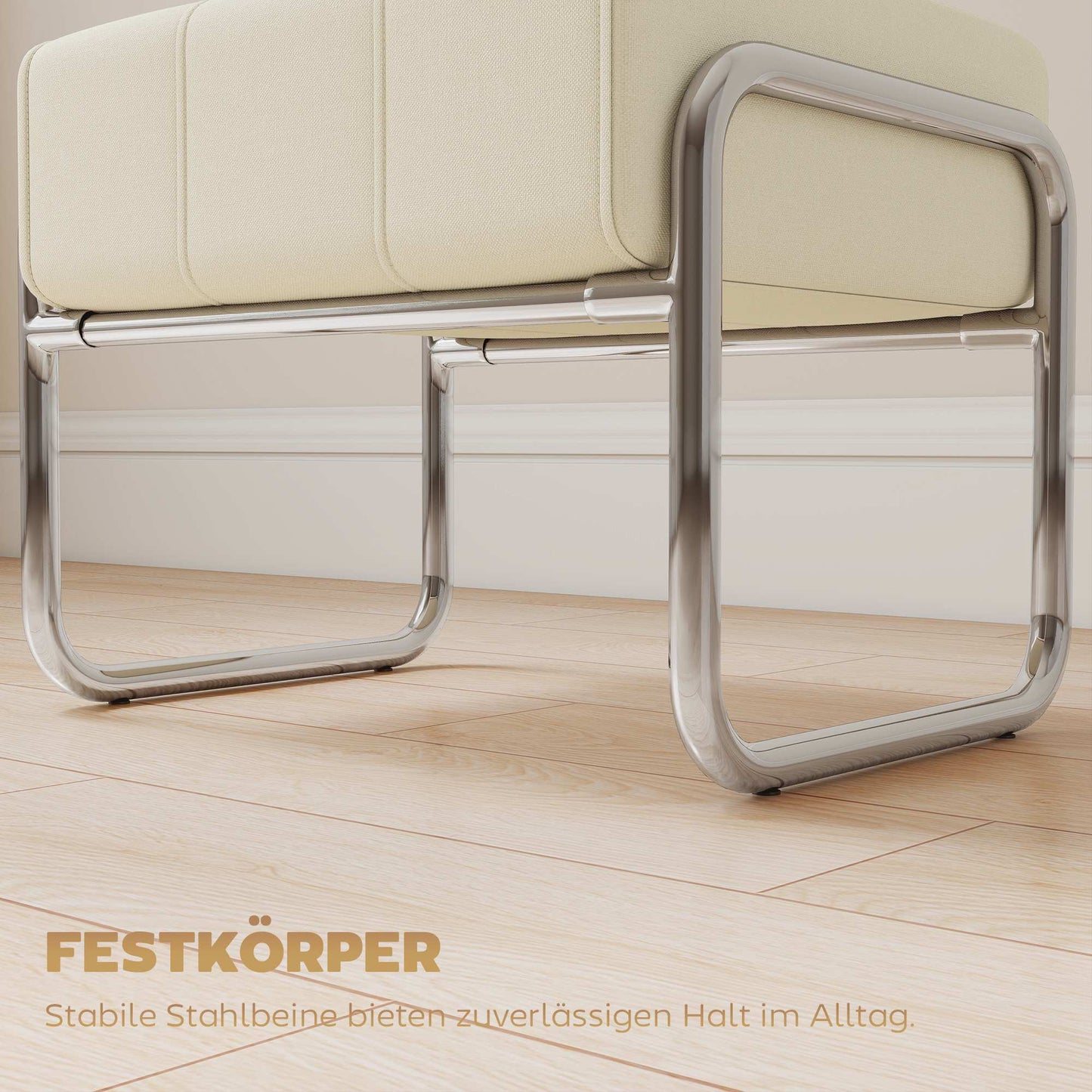 Chenille Footstool, Thick Cushion, Steel Legs, Beige