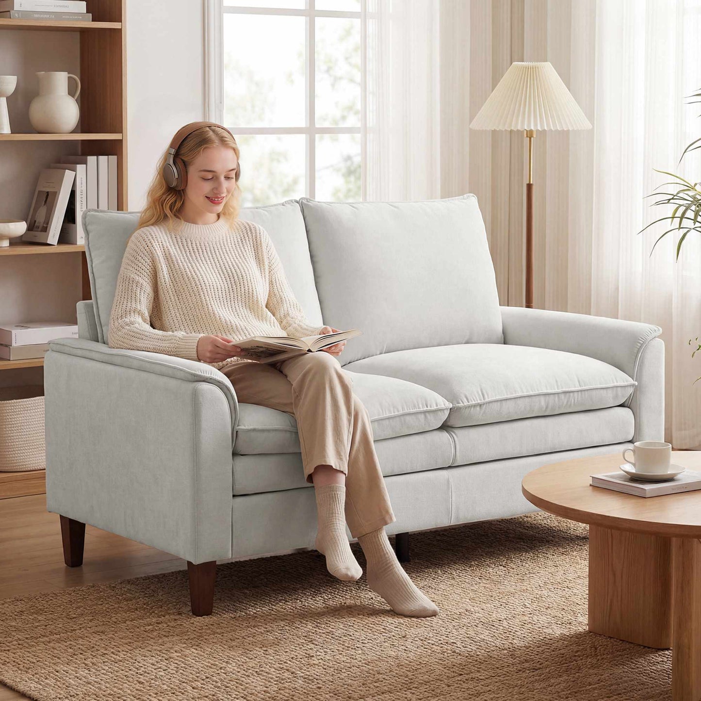 Chenille Loveseat Sofa, Cream, 24cm Cushion, High Back