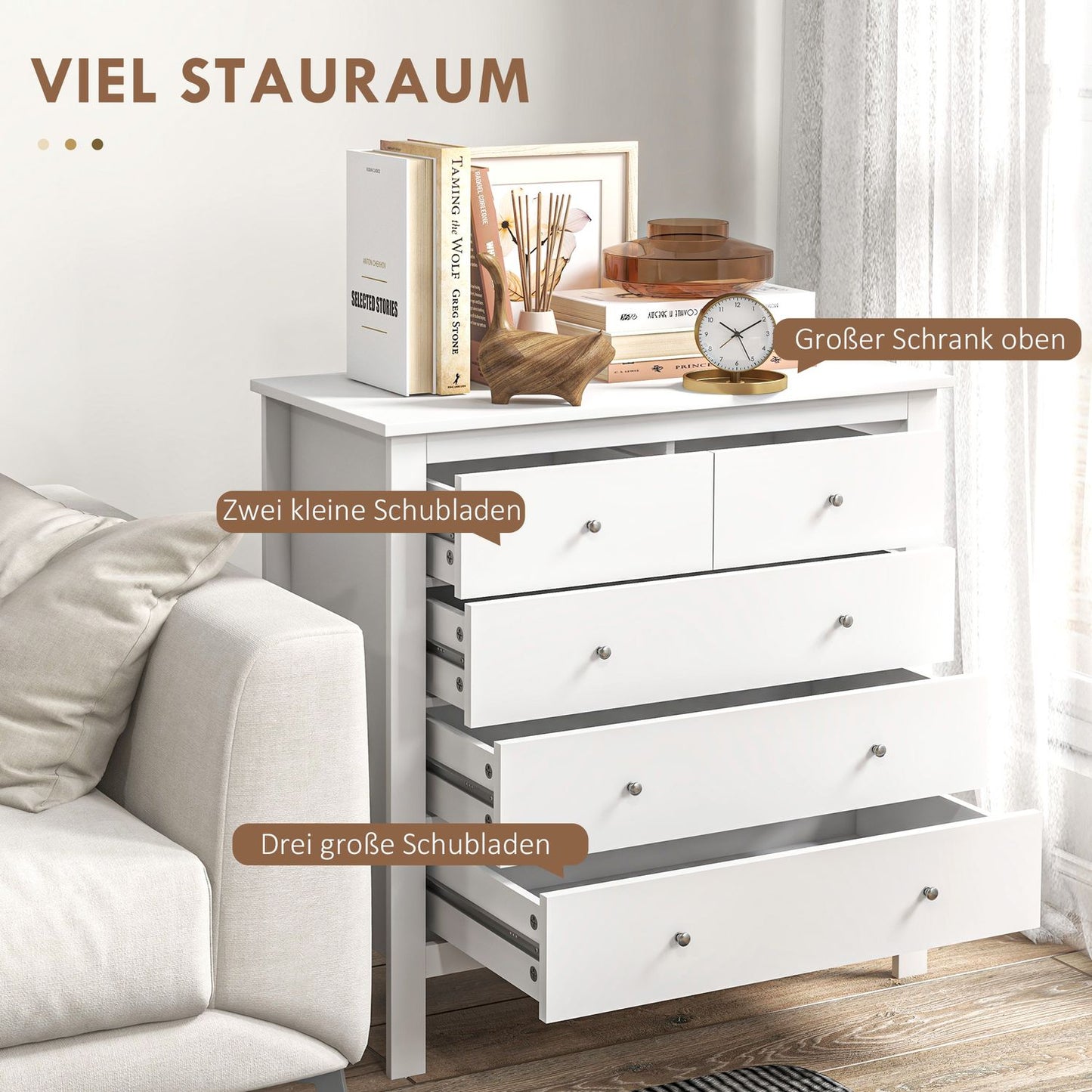 White dresser with 5 drawers, anti-tilt, 79x39.5x80.5 cm