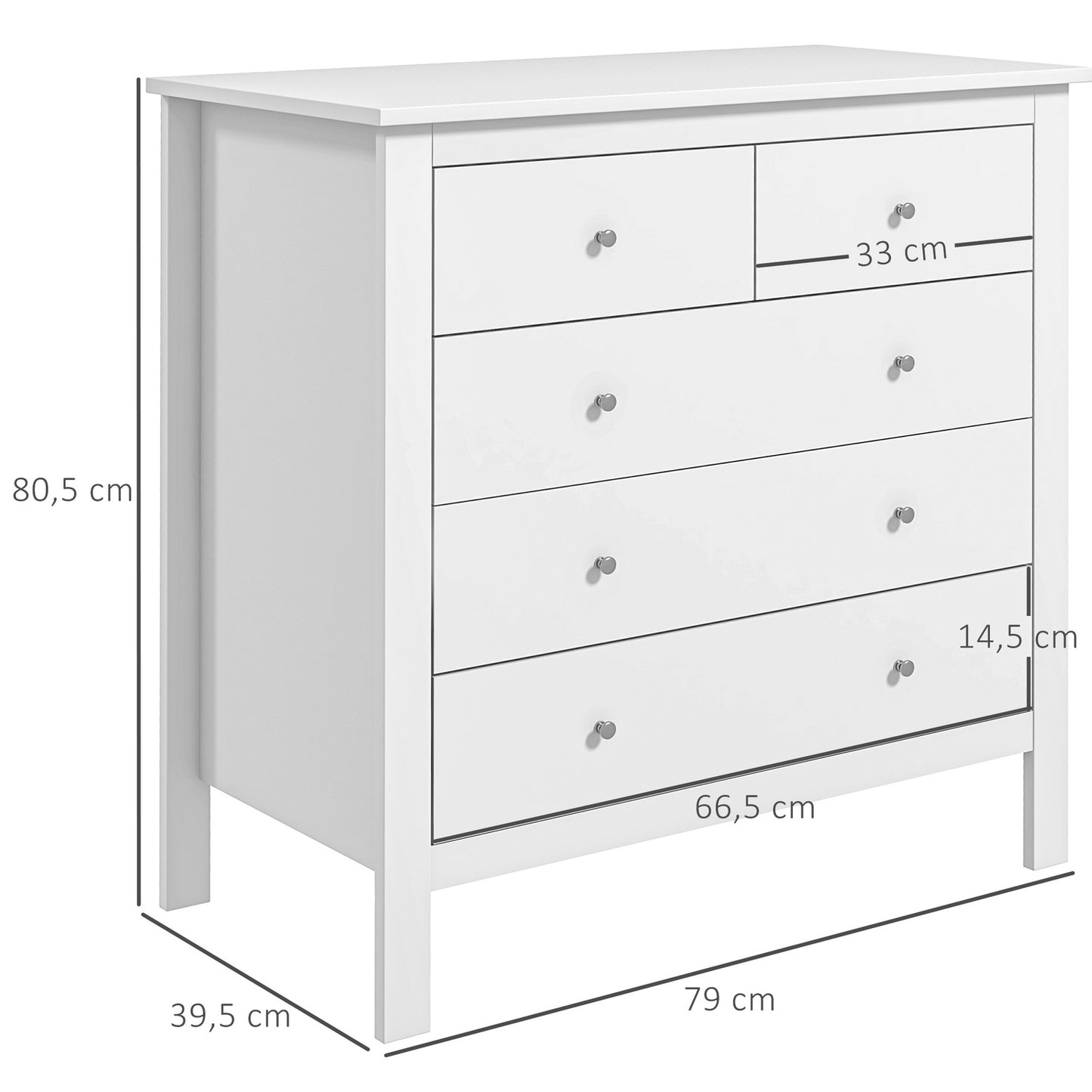 White dresser with 5 drawers, anti-tilt, 79x39.5x80.5 cm