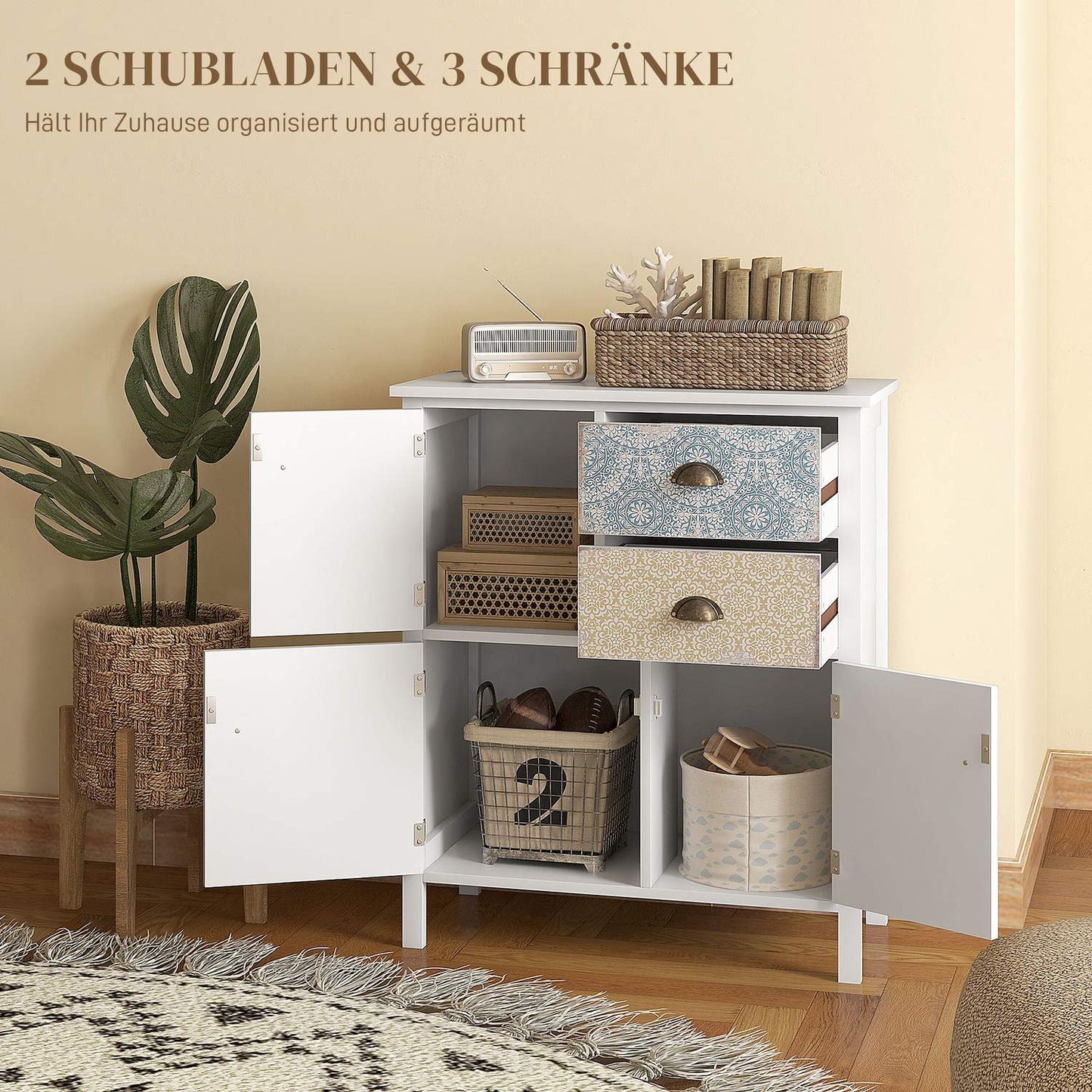 White chest of drawers - 2 drawers, 3 compartments, tilt protection