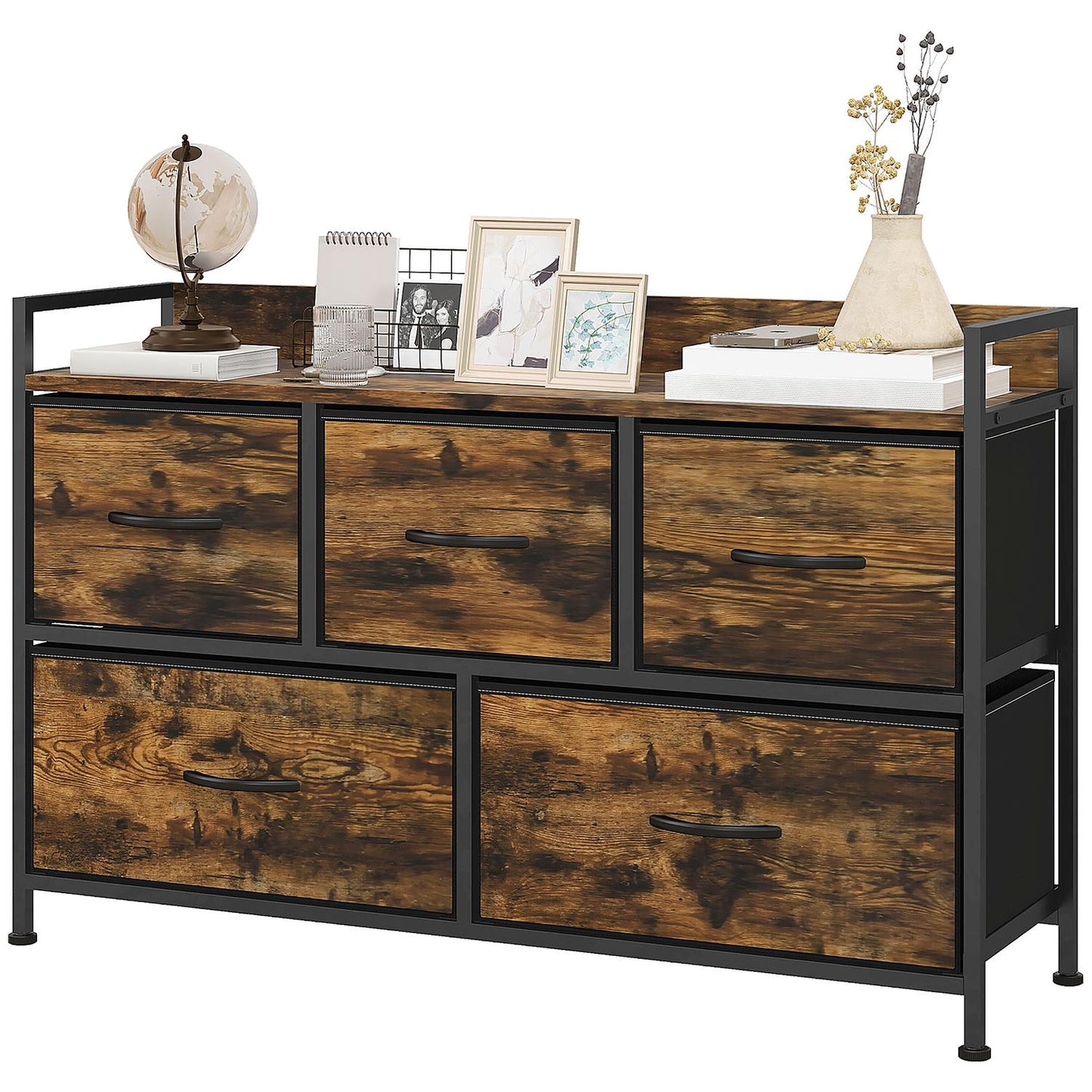 Rustic Brown Fabric Chest of 5 Drawers - Industrial Storage