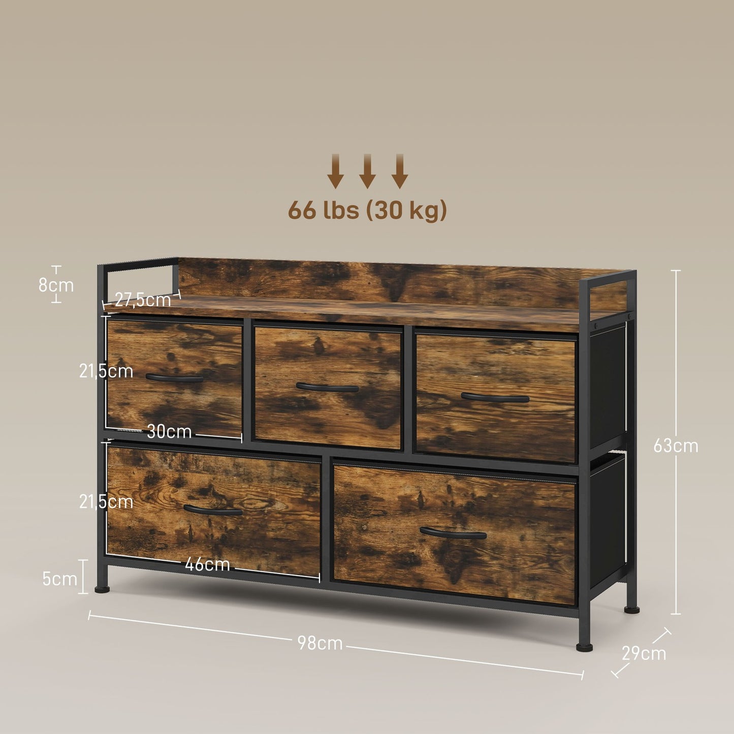 Rustic Brown Fabric Chest of 5 Drawers - Industrial Storage